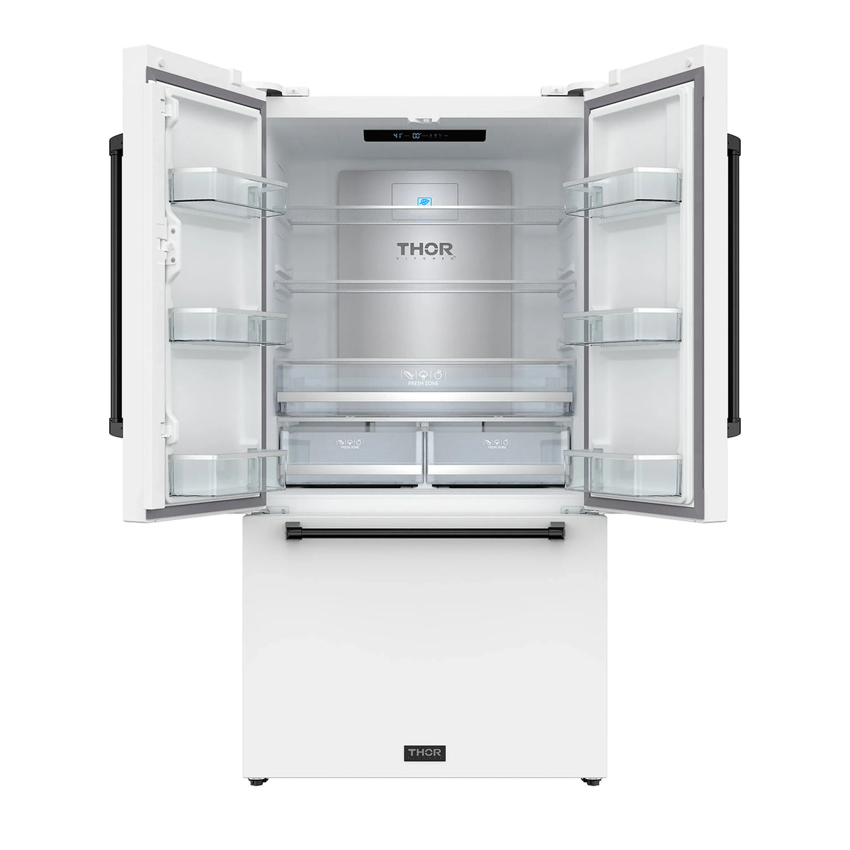White French door refrigerator with both doors open, adjustable shelves and bins