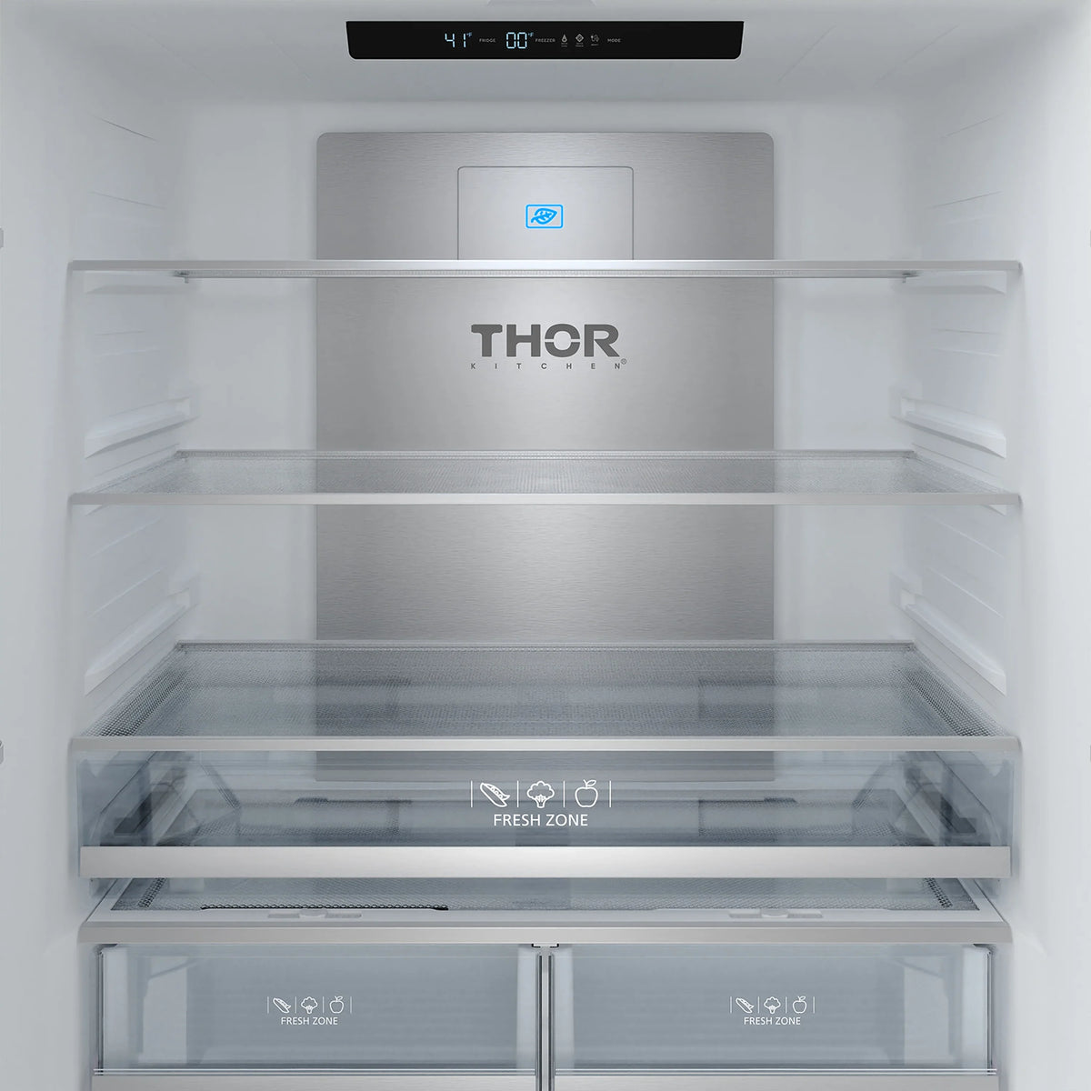 White counter-depth refrigerator interior with THOR badge, glass shelves, fresh zone drawer