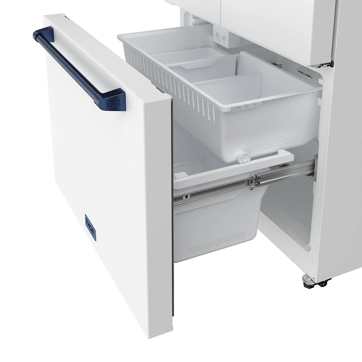 Refrigerator door open to reveal bin compartments, handle, and interior drawers
