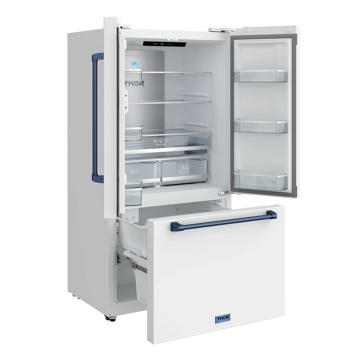 White refrigerator with one door open showing interior shelves and crisper drawers