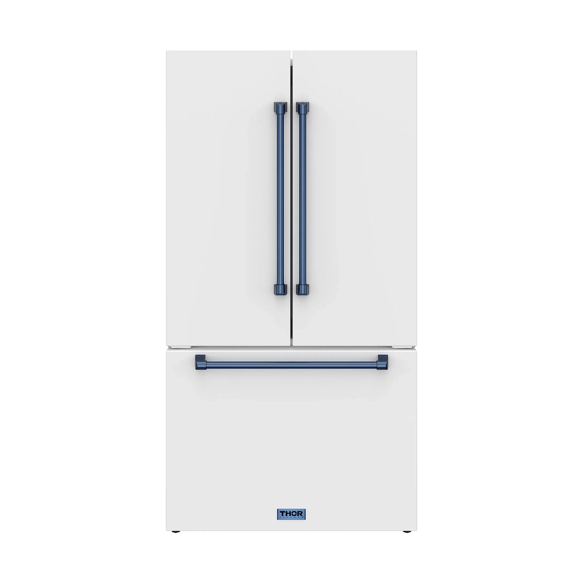 White counter-depth refrigerator with blue vertical handles, top doors, bottom freezer