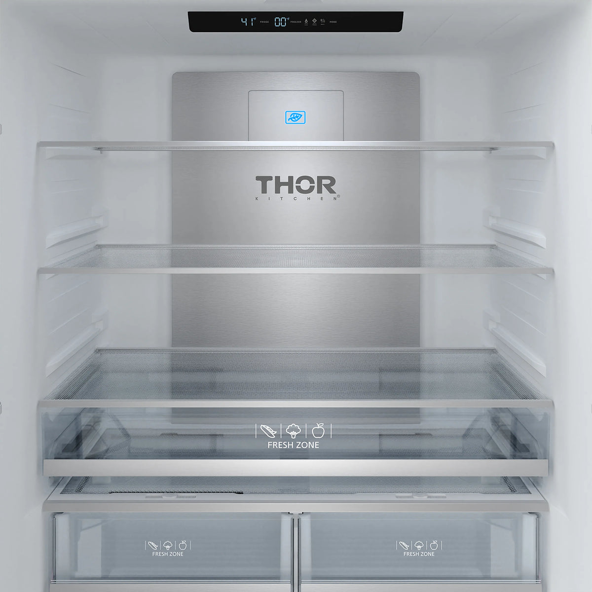Refrigerator fresh zone area with THOR logo and glass shelf inside