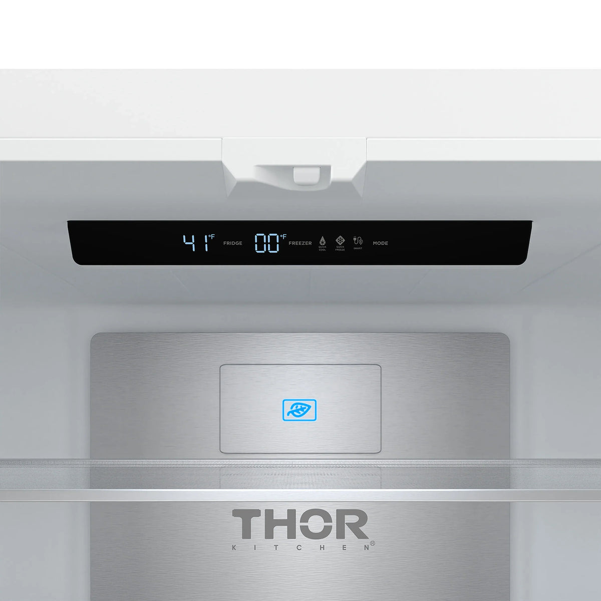 White counter-depth refrigerator front with black display and Thor Kitchen logo