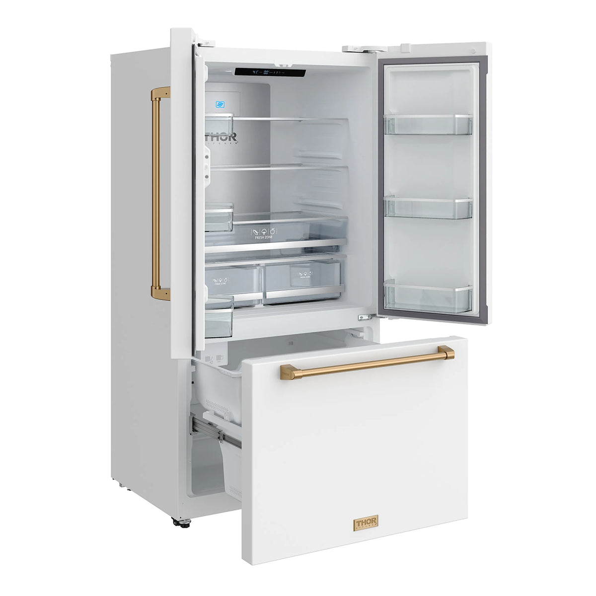 White French door refrigerator with ice maker, open doors, and bright interior shelves