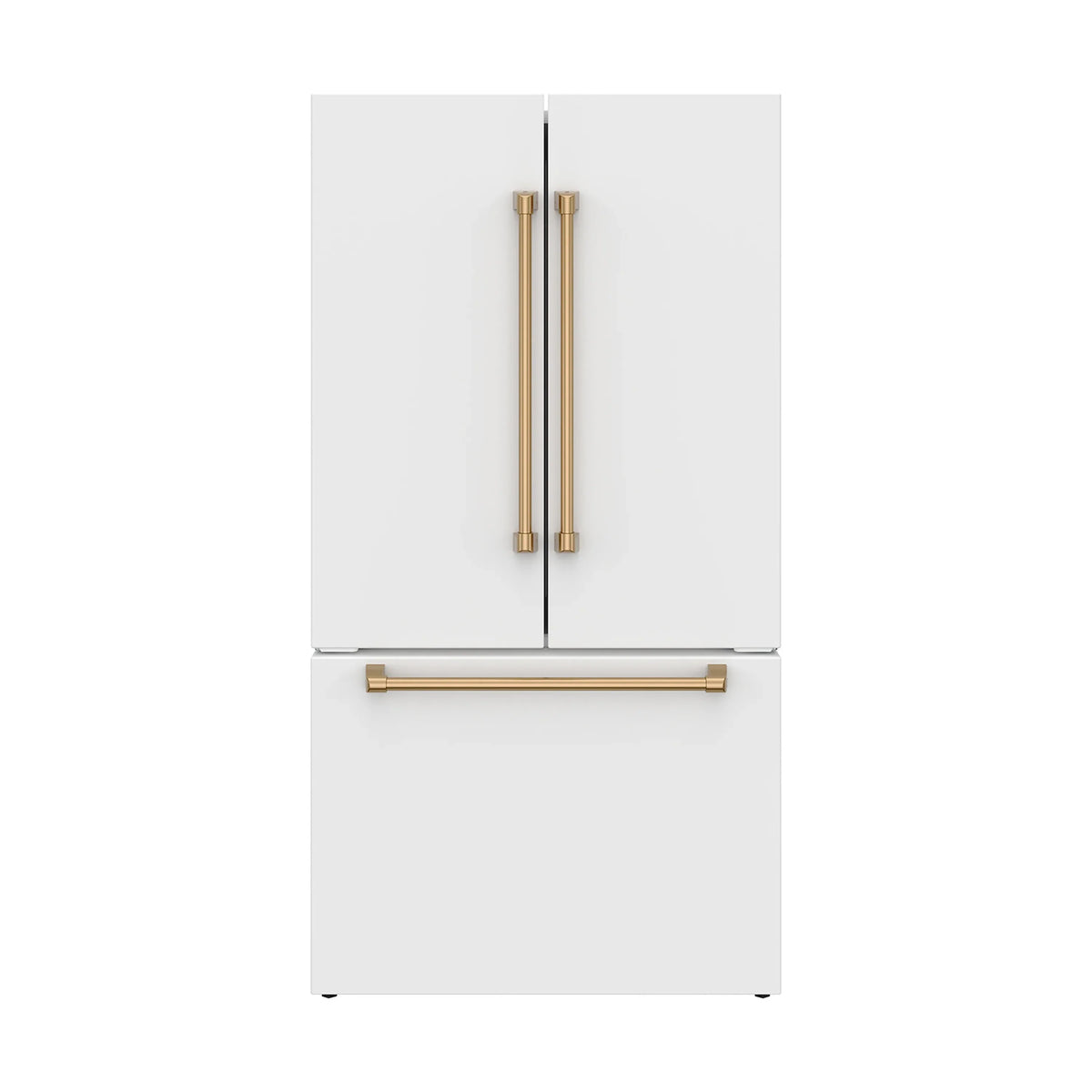 White French door counter-depth refrigerator with bronze handles and front trim