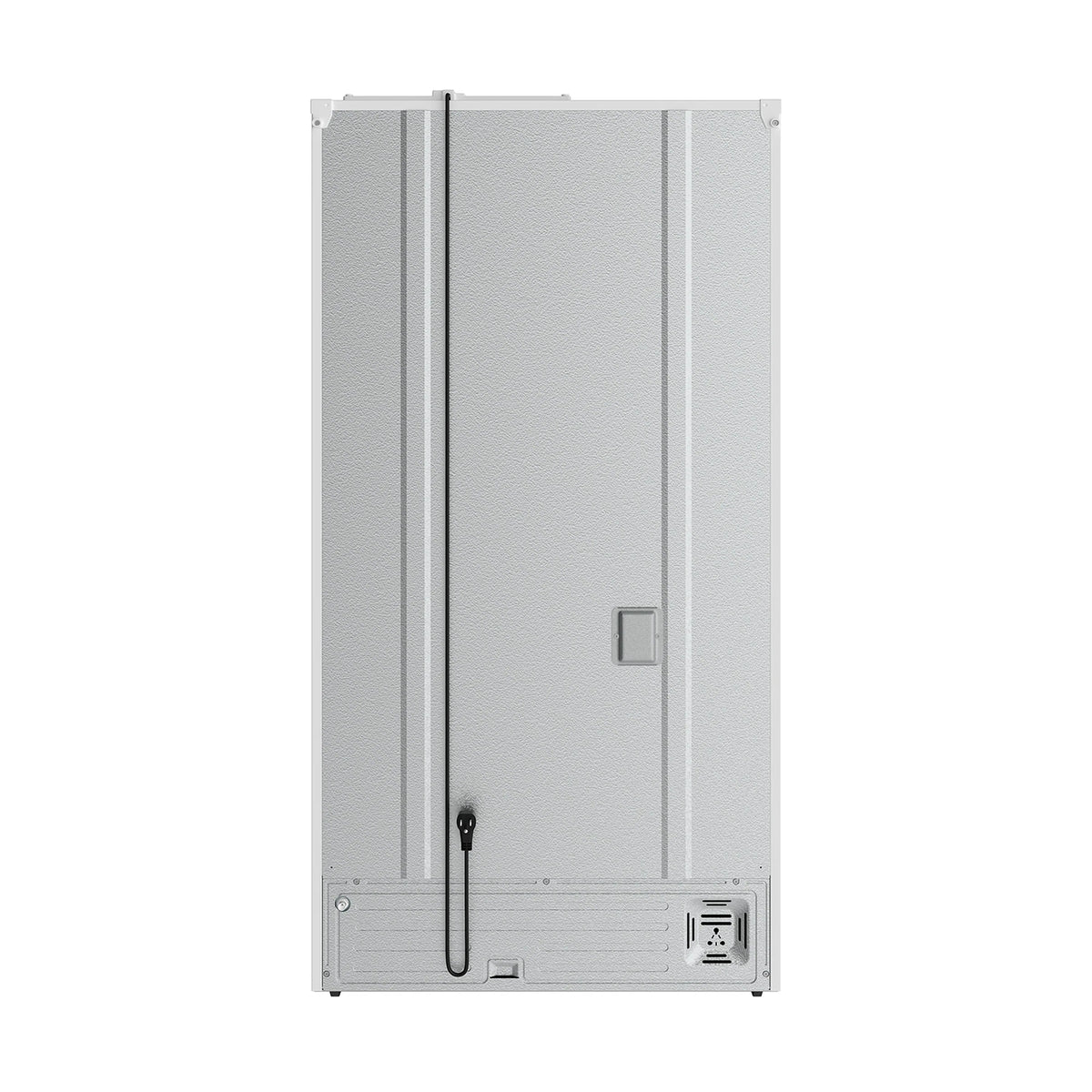 Rear door side of white refrigerator with ice maker area and water line connections visible.
