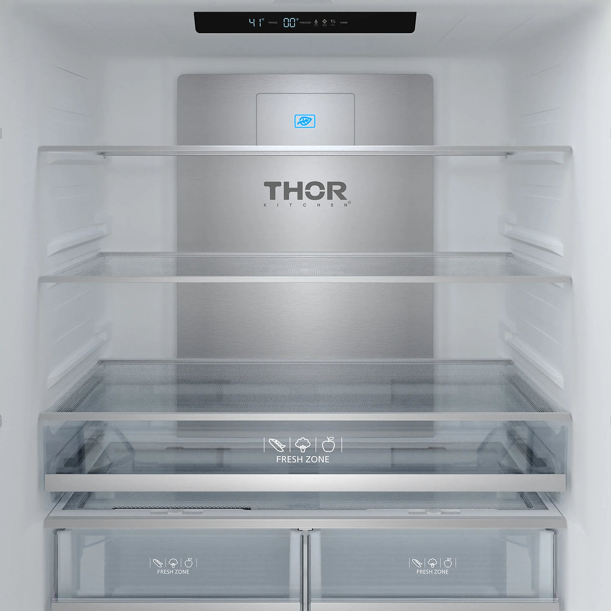 French door refrigerator interior with THOR logo, shelves and Fresh Zone drawer