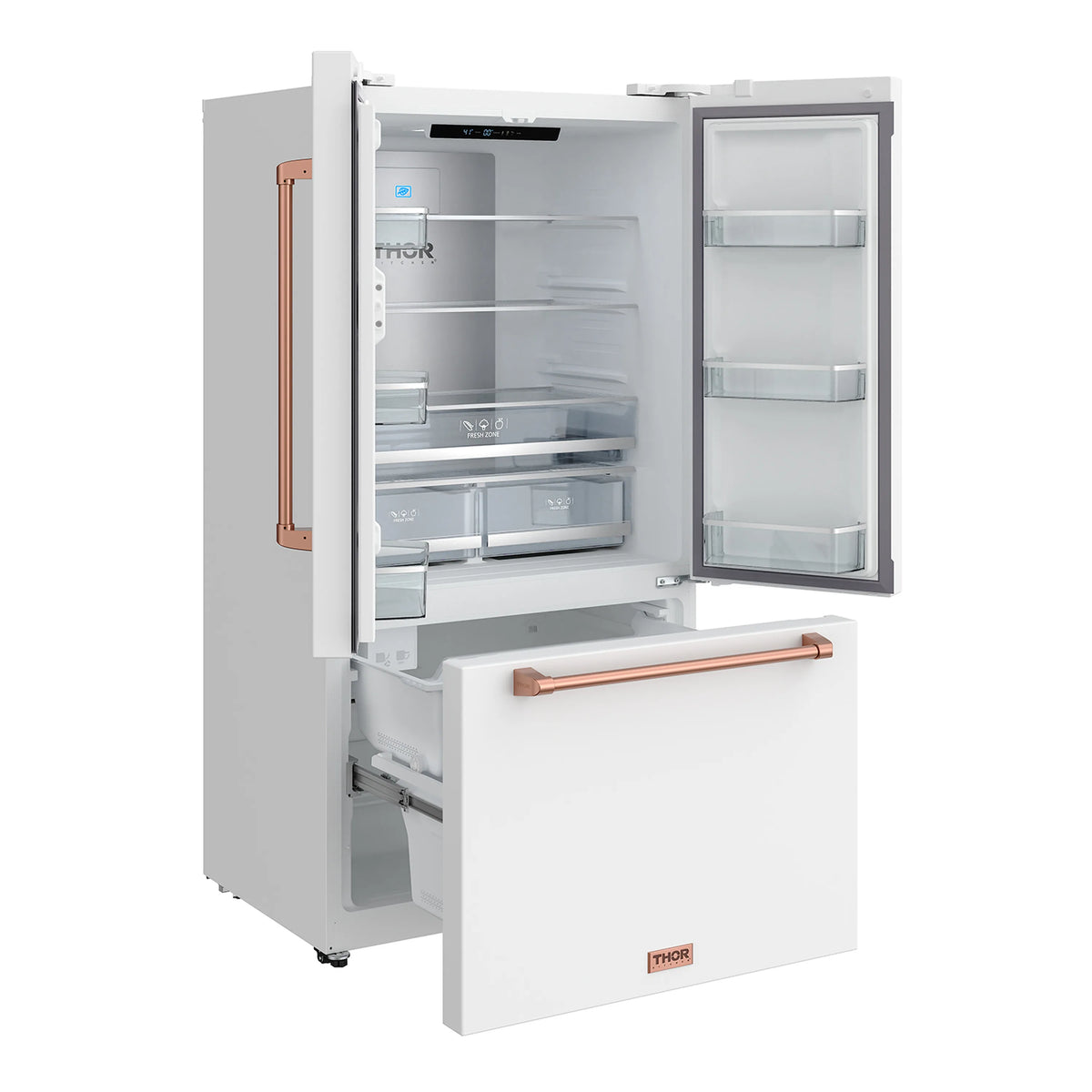 Open white French door refrigerator with right door ajar, shelves visible, rose gold handle bar.