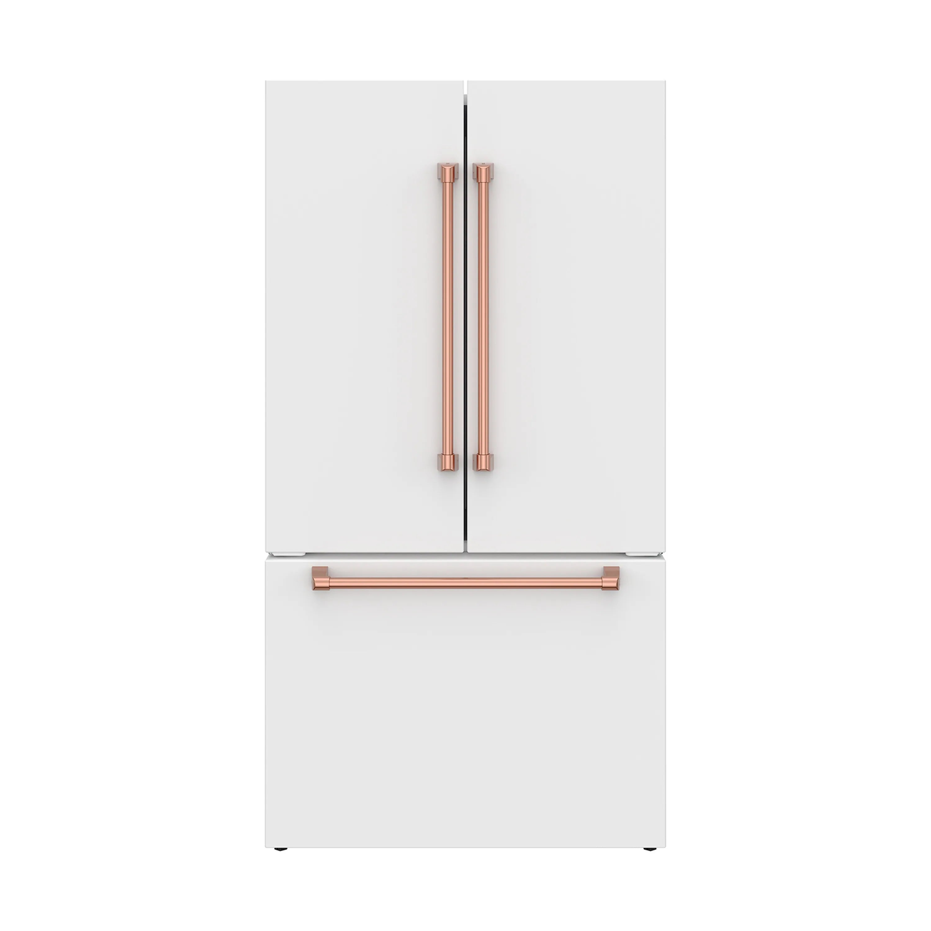 White French door counter-depth refrigerator with rose gold vertical handles and bottom bar.