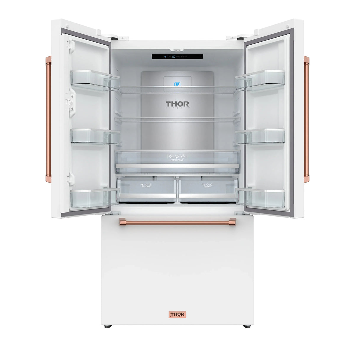 Open white French door refrigerator showing interior shelves and rose gold bottom handle bar.
