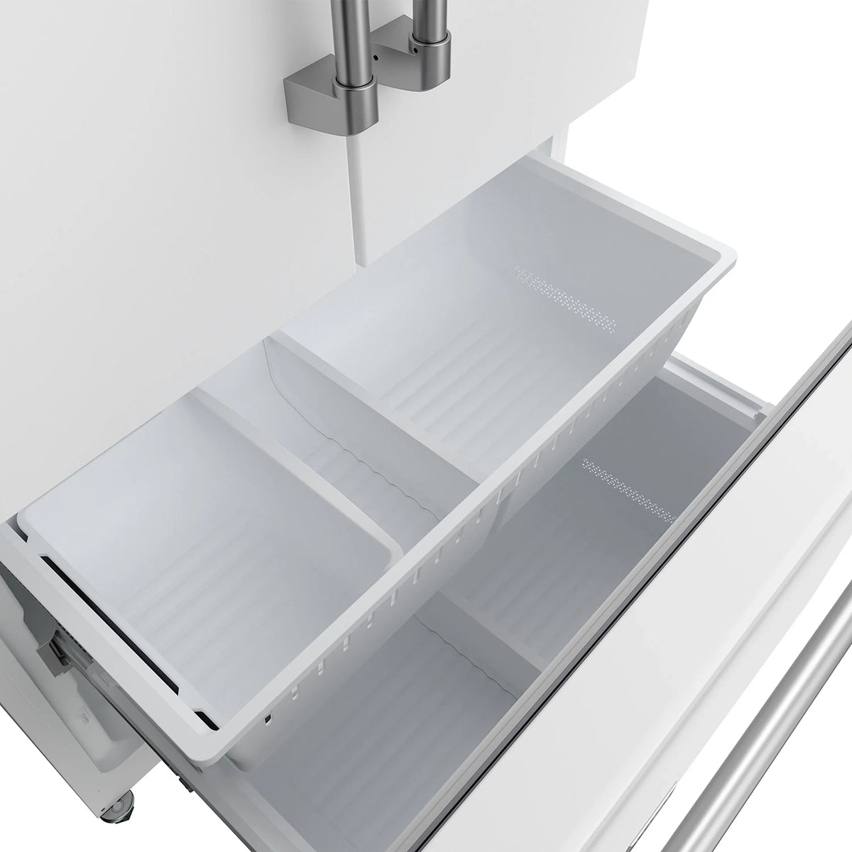 Refrigerator freezer drawers with pull-out trays and side vents in white