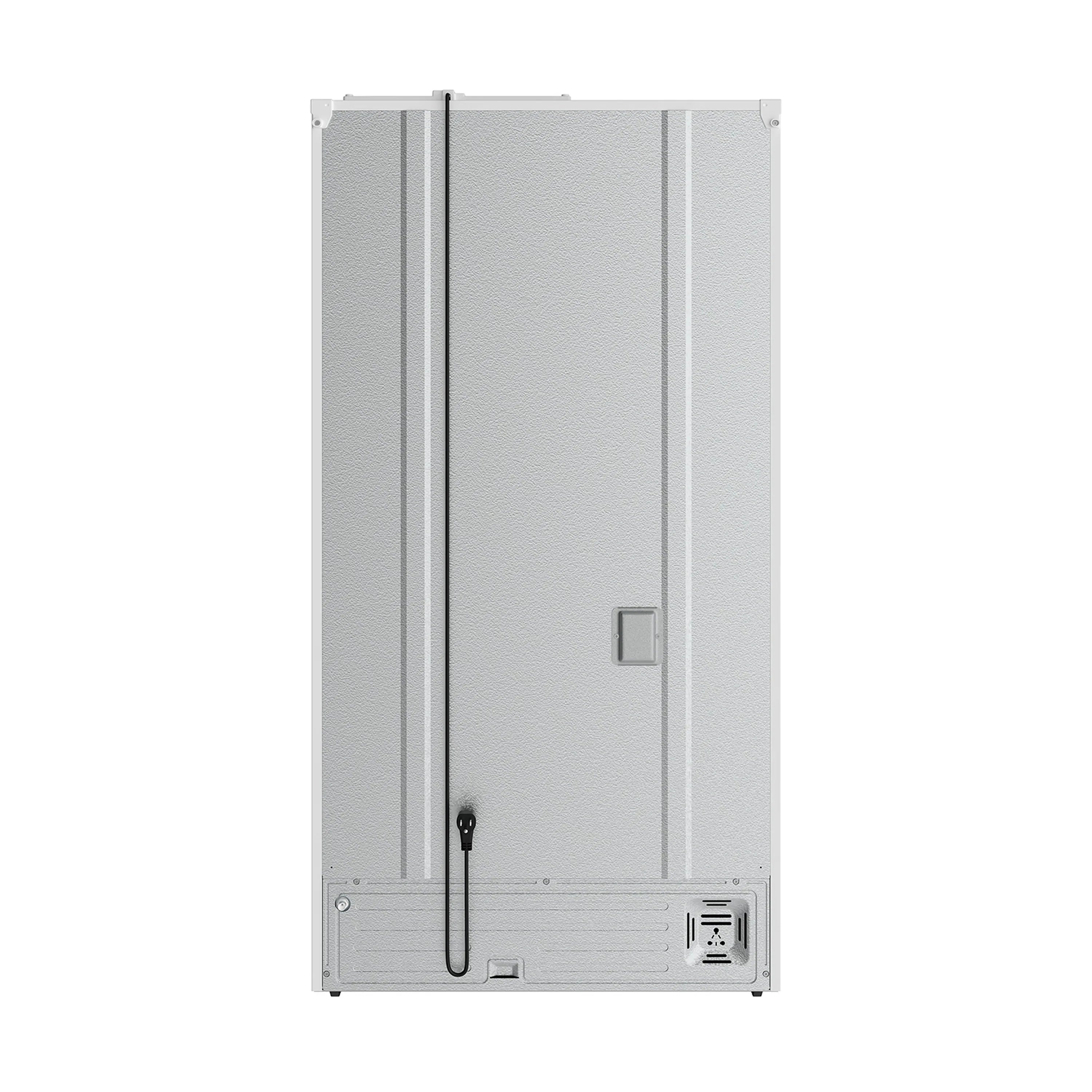 White French door refrigerator with rear access panel and door handles