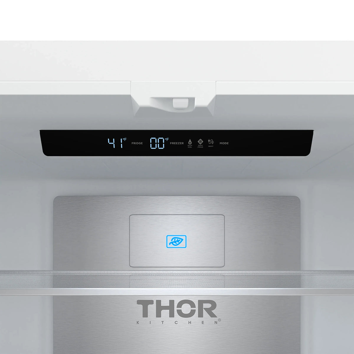 Refrigerator interior with THOR logo and top control display