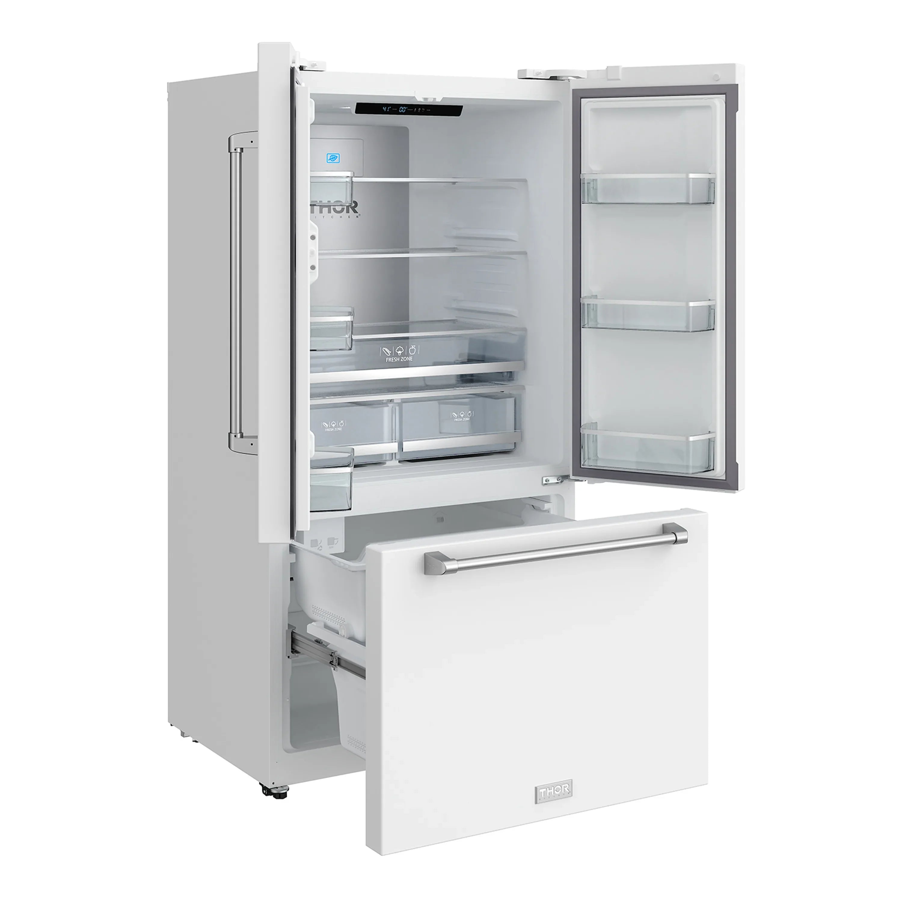 White French-door refrigerator interior with open doors, shelves, and pull-out bins