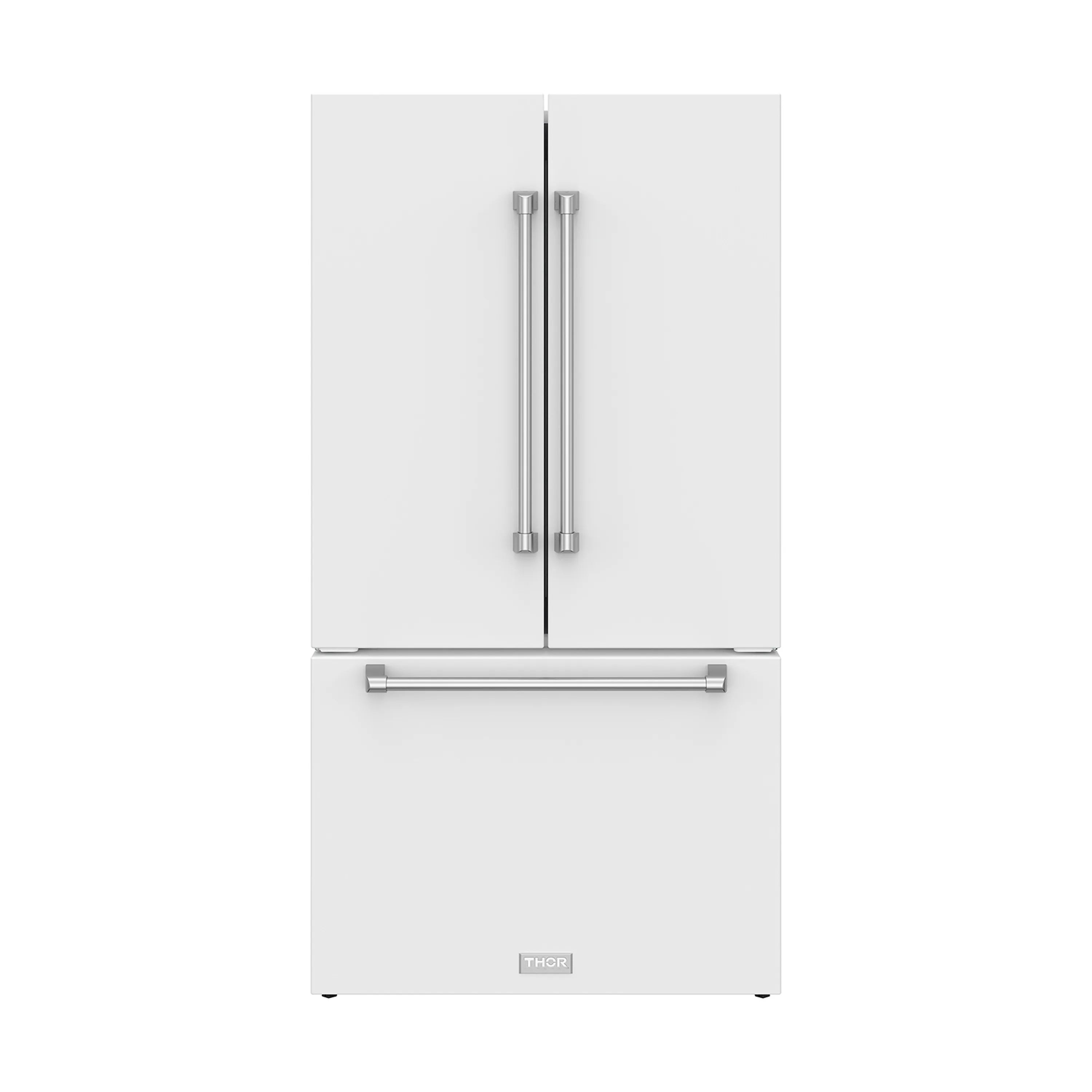 White two-door refrigerator with twin vertical handles and lower freezer drawer