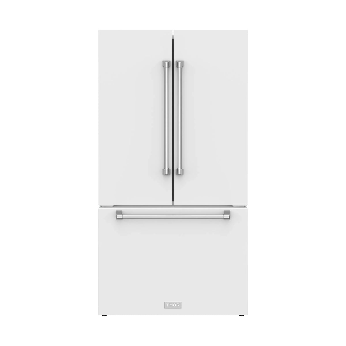 White two-door refrigerator with twin vertical handles and lower freezer drawer