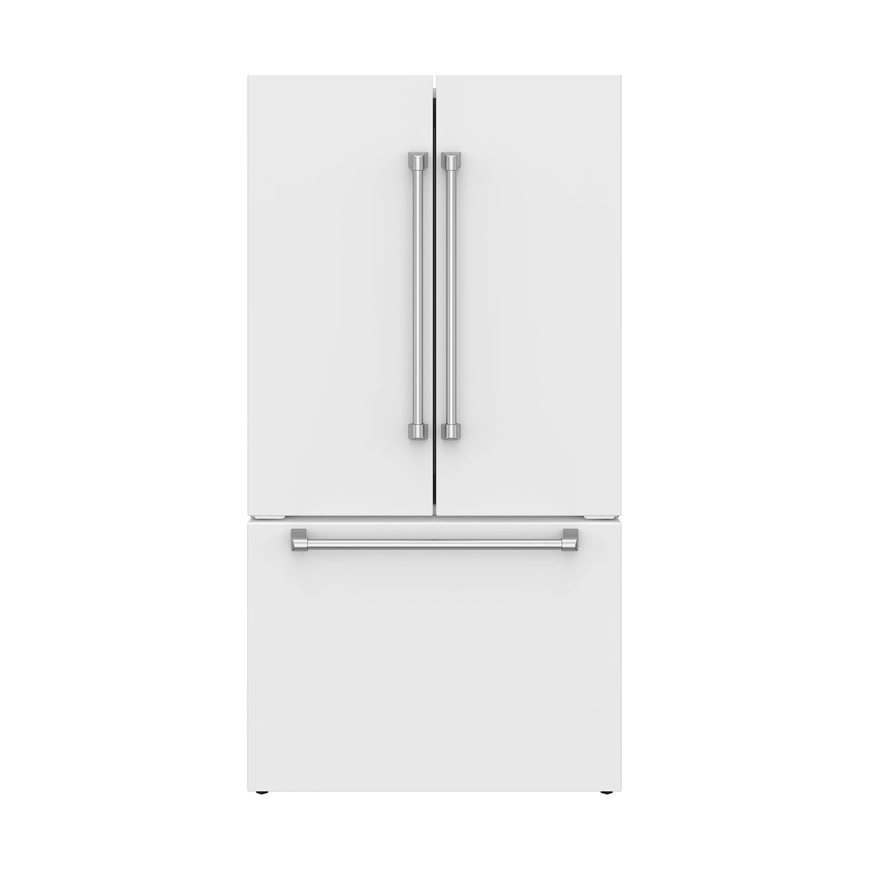 White French door refrigerator front with twin vertical handles and lower drawer