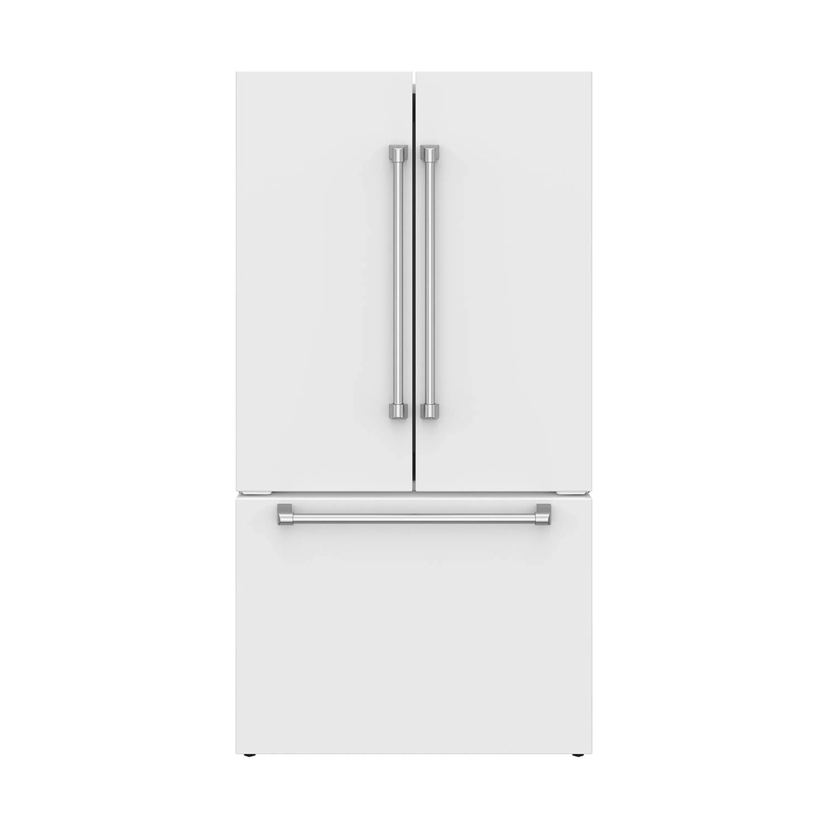 White French door refrigerator front with twin vertical handles and lower drawer