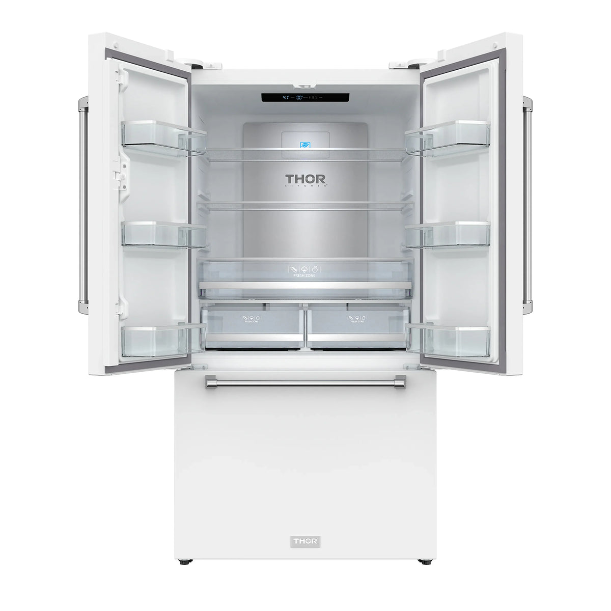 White French-door refrigerator with doors open, interior shelves, and slide-out drawer