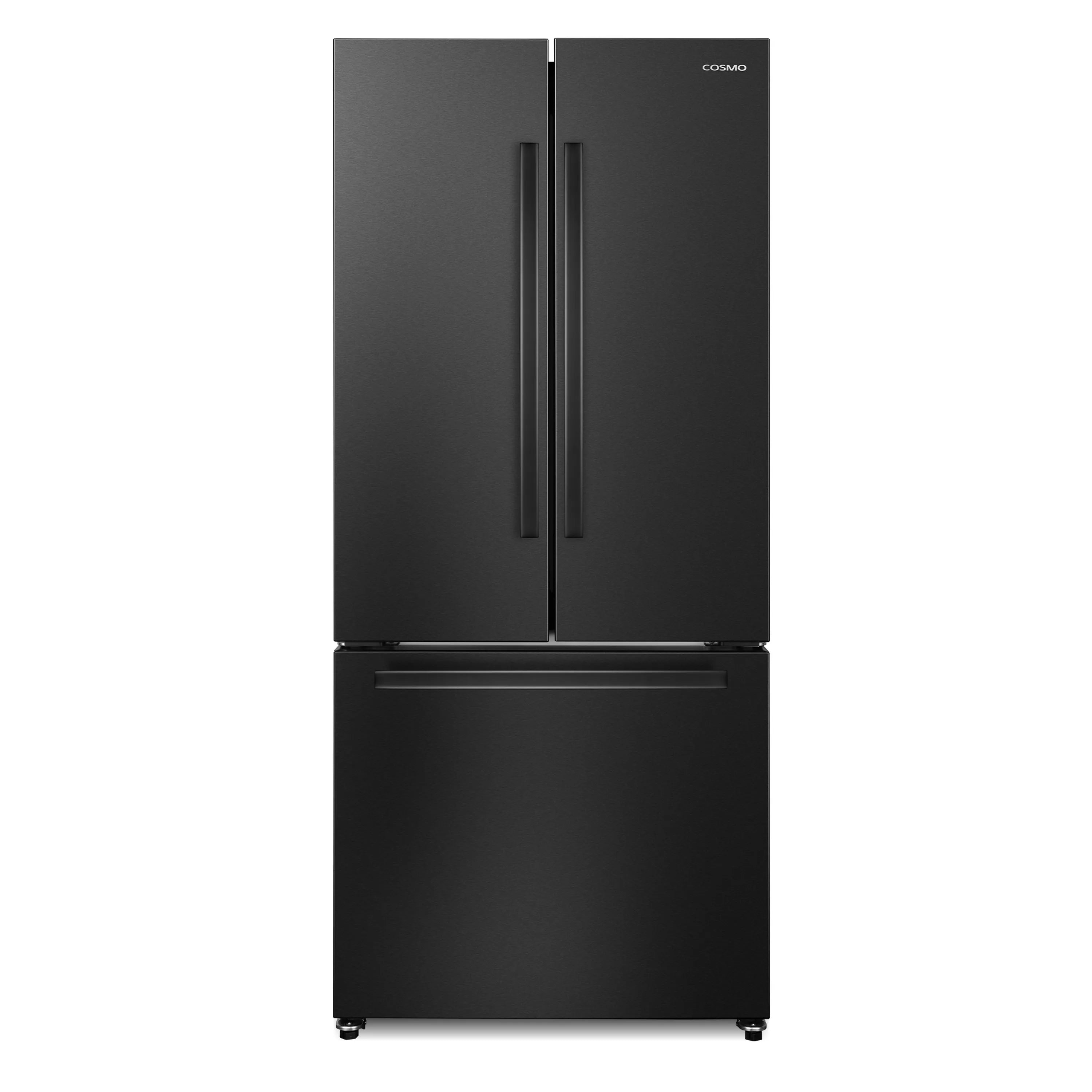 Matte black 30-inch French door refrigerator with vertical handles and bottom freezer
