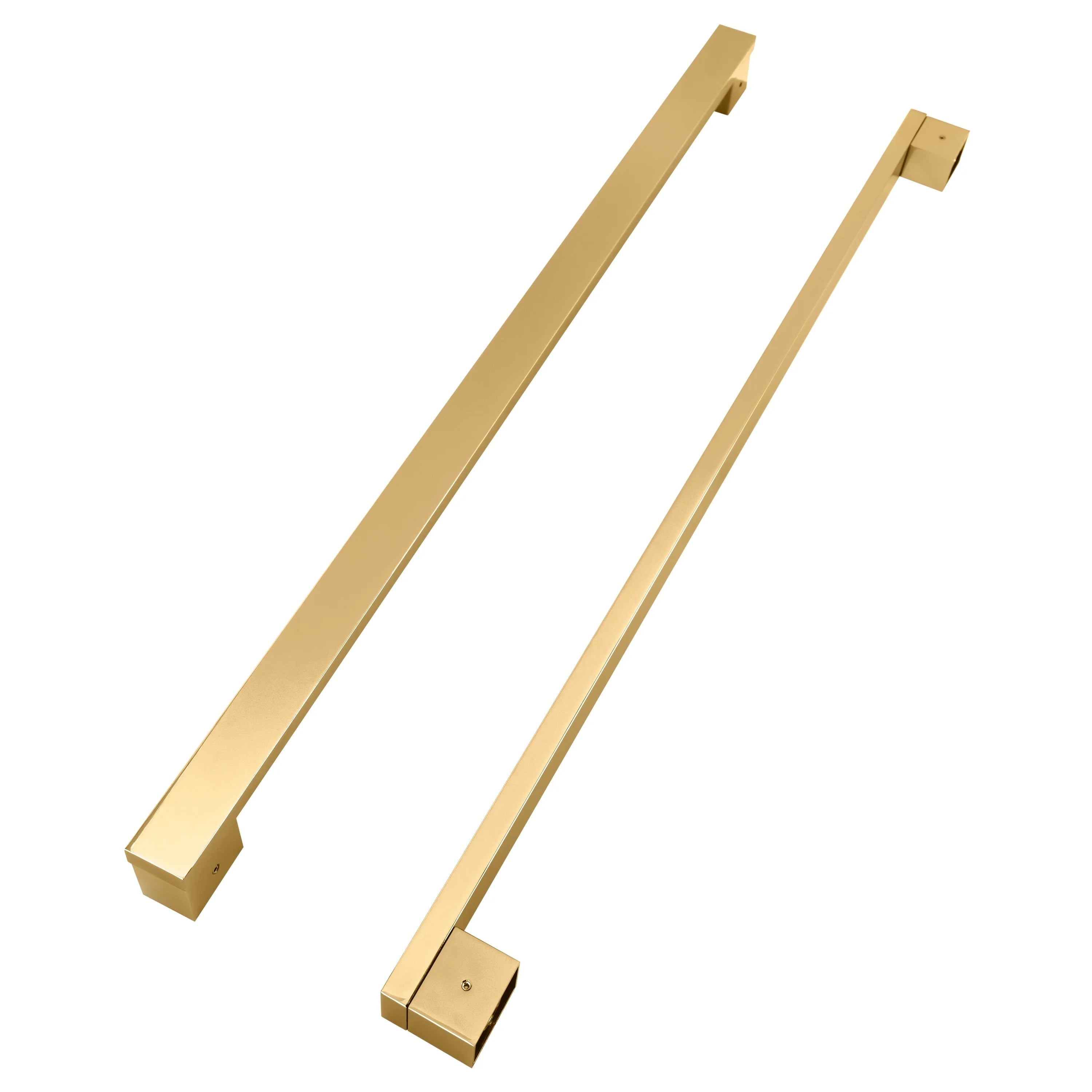 Polished gold modern refrigerator handle pair, straight bar with flat end blocks