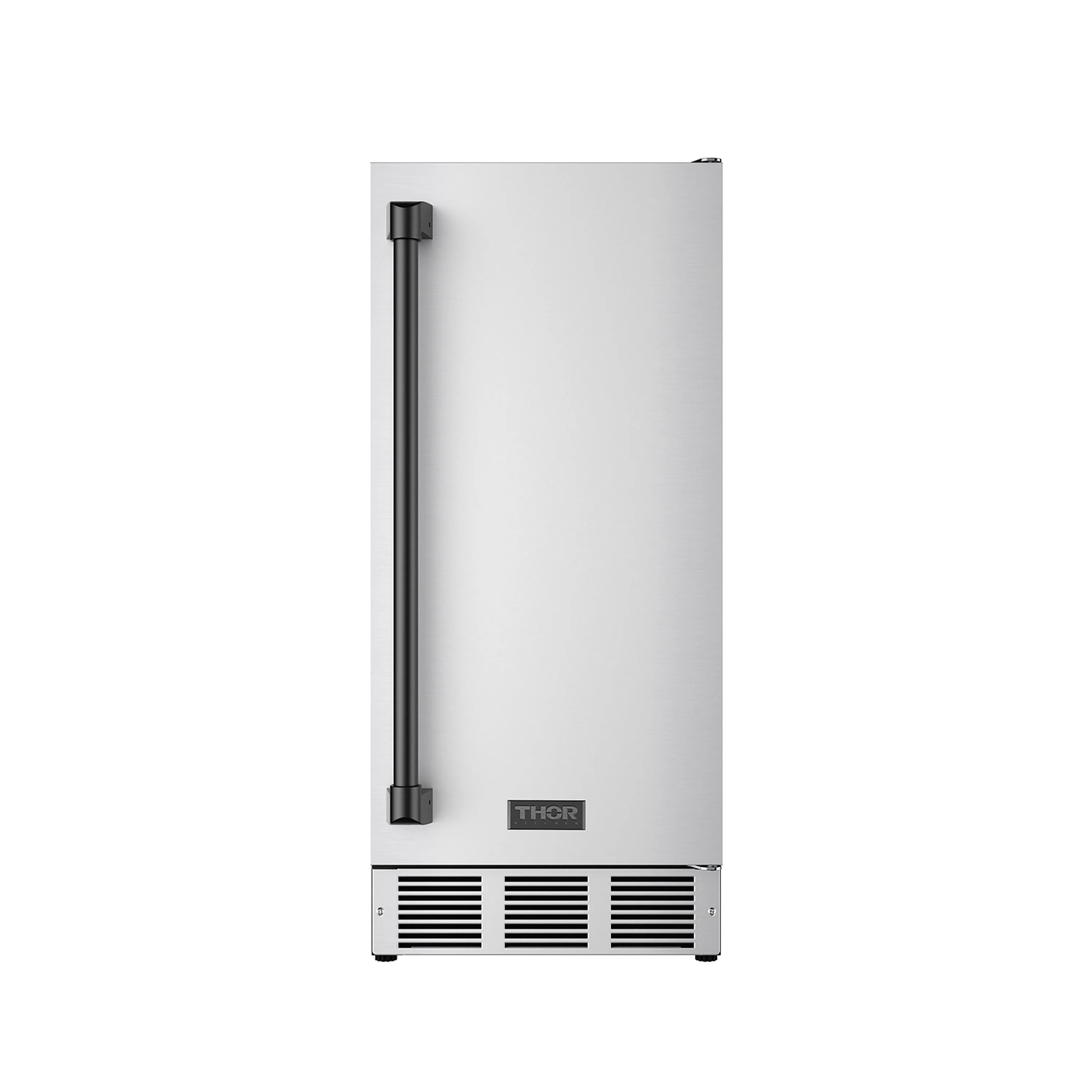 Stainless steel ice maker with tall black handle and vented front grille
