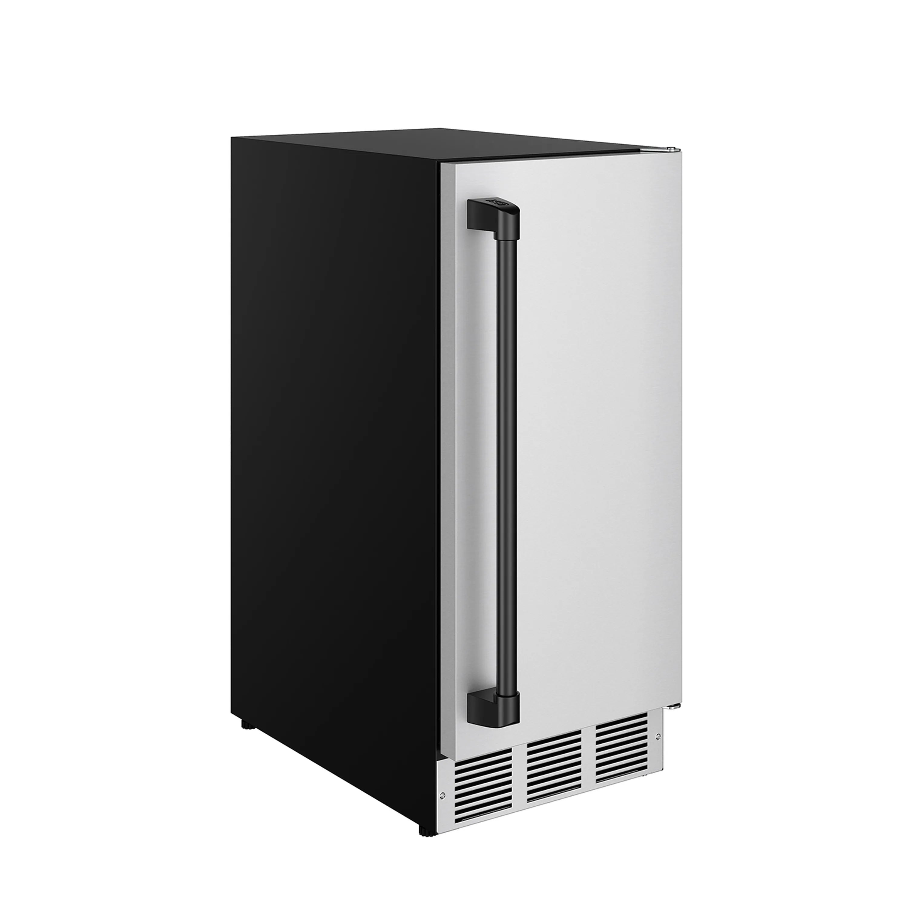 Compact stainless steel ice maker with black side panels and front vent grille