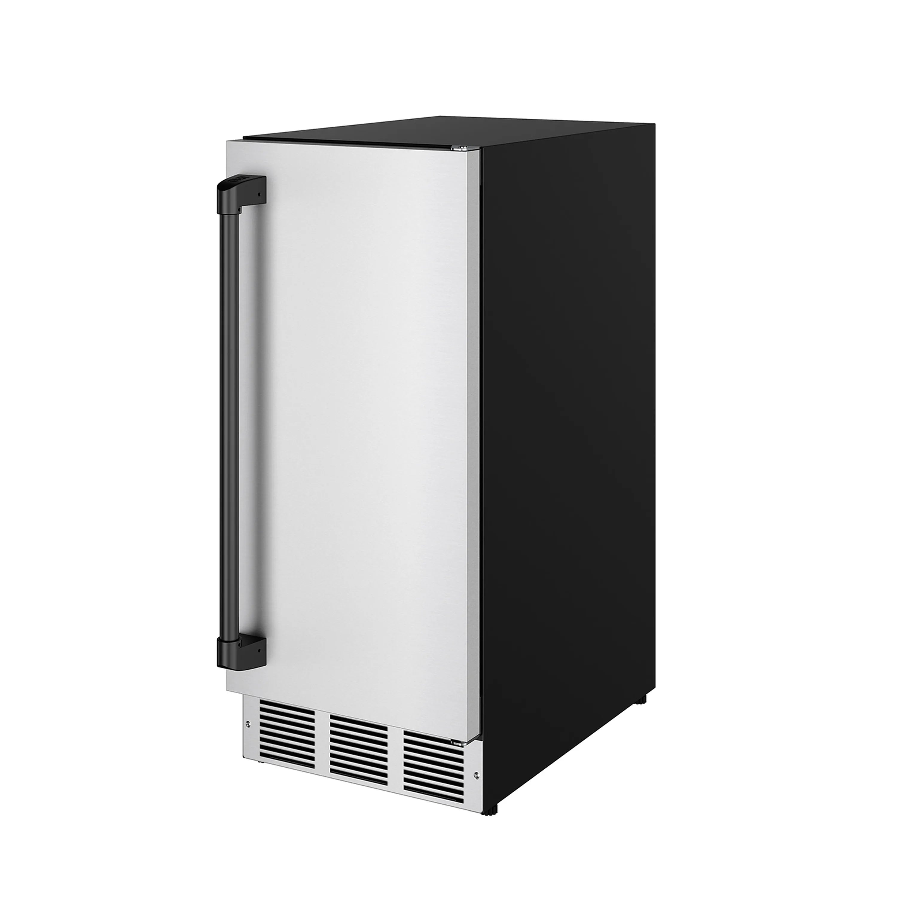 Stainless steel ice maker with black side panel and front ventilation grilles