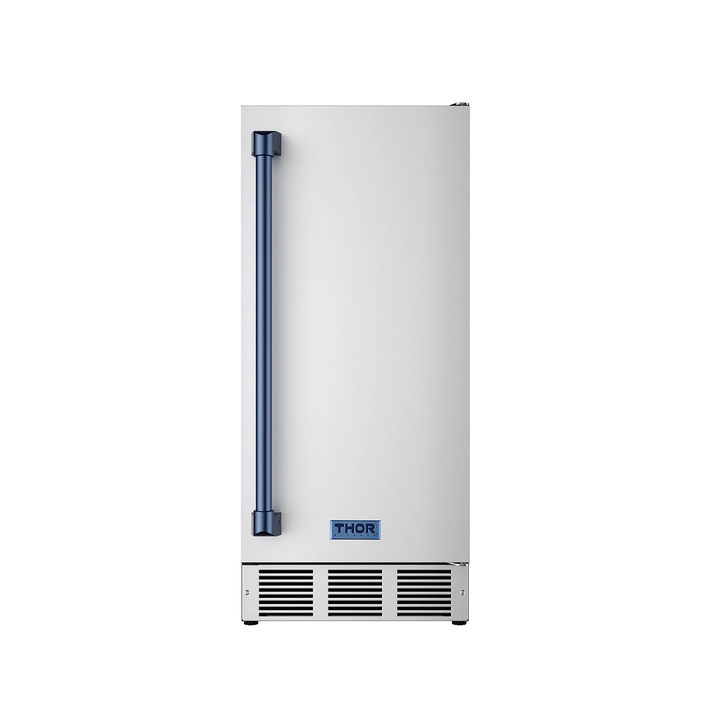 Thor Kitchen stainless steel ice maker with blue handle and THOR logo at base