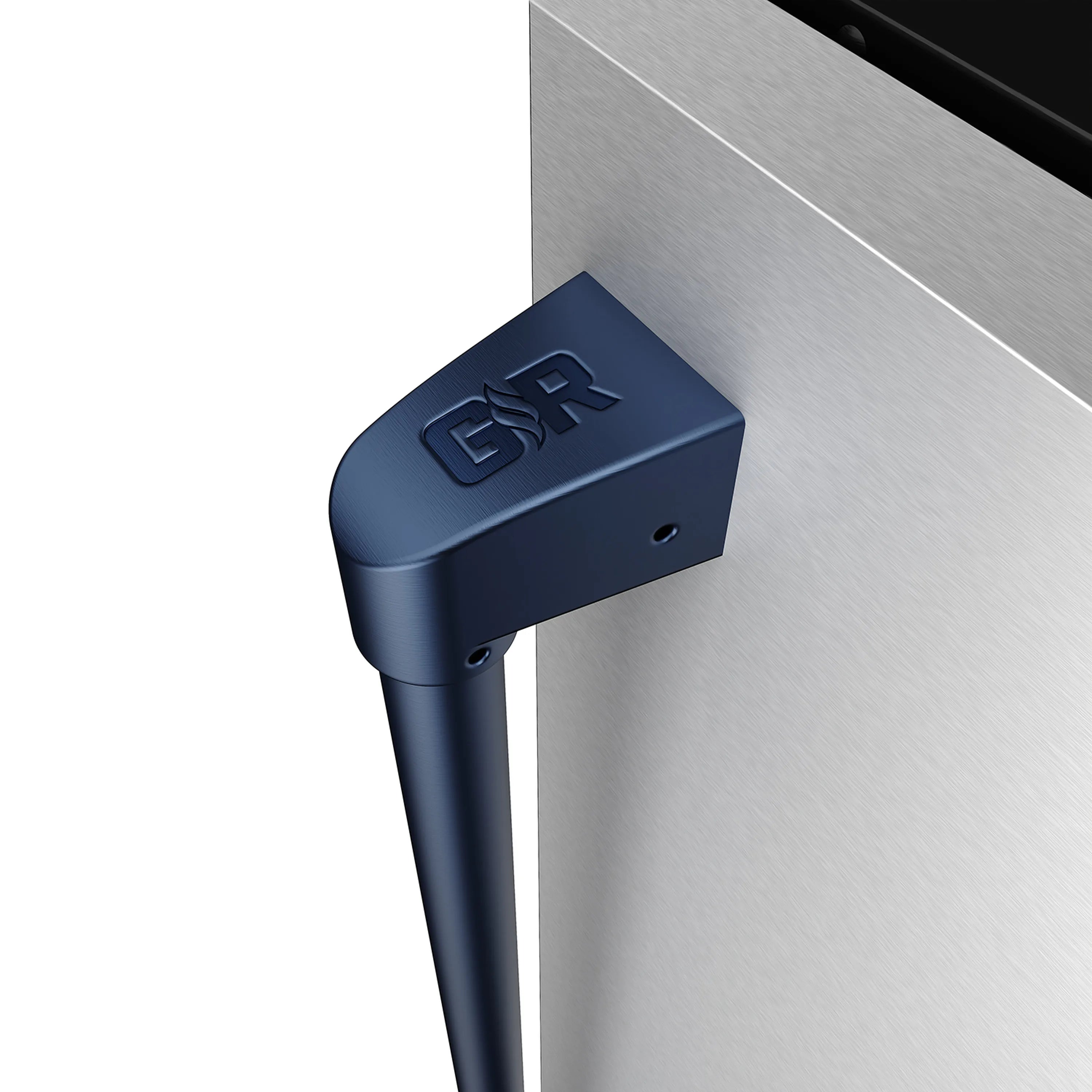 Blue ice maker handle with engraved DTR logo on stainless housing