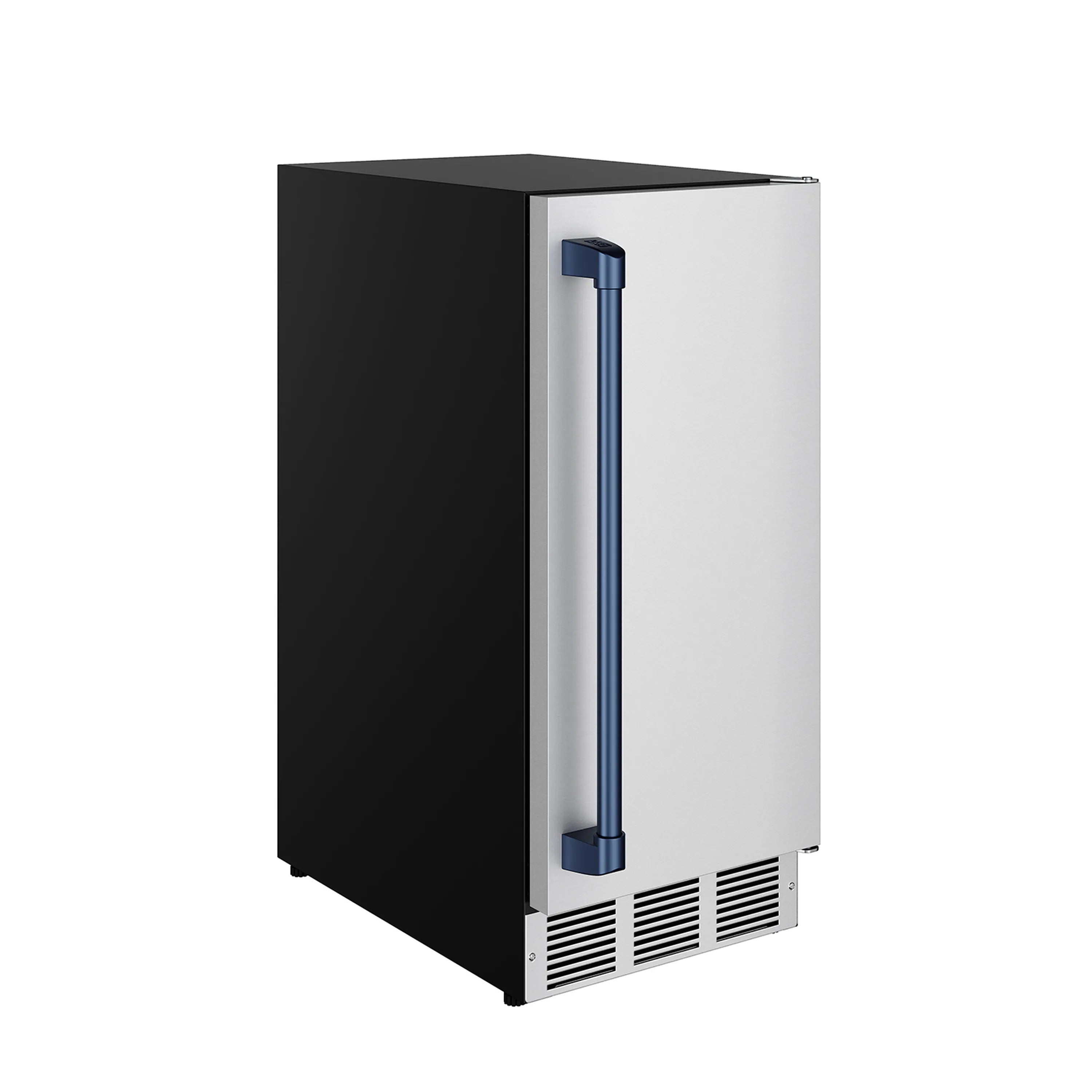 Stainless steel ice maker with black side panel, tall blue handle, and vented base