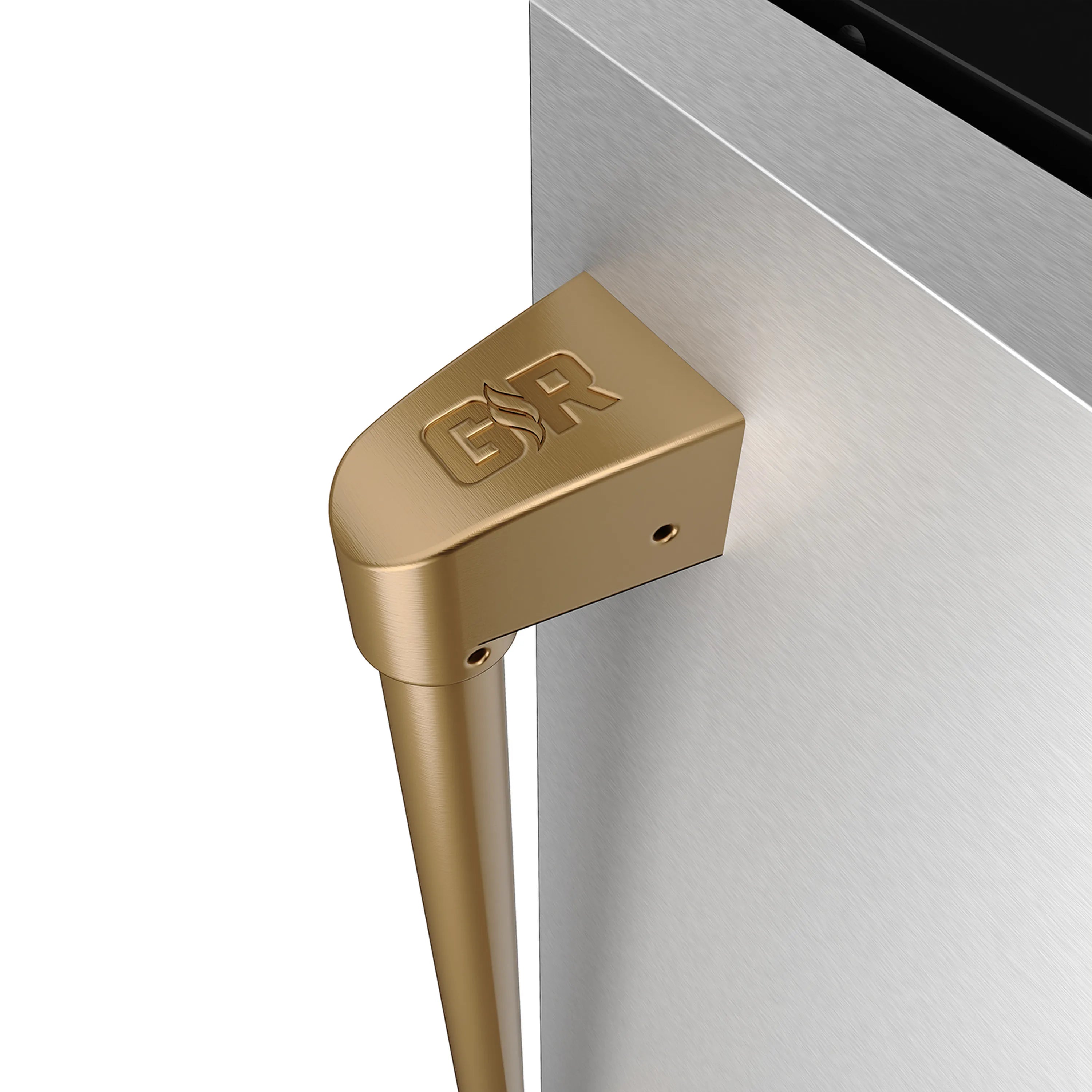 Close-up of bronze BR handle on stainless steel ice maker door