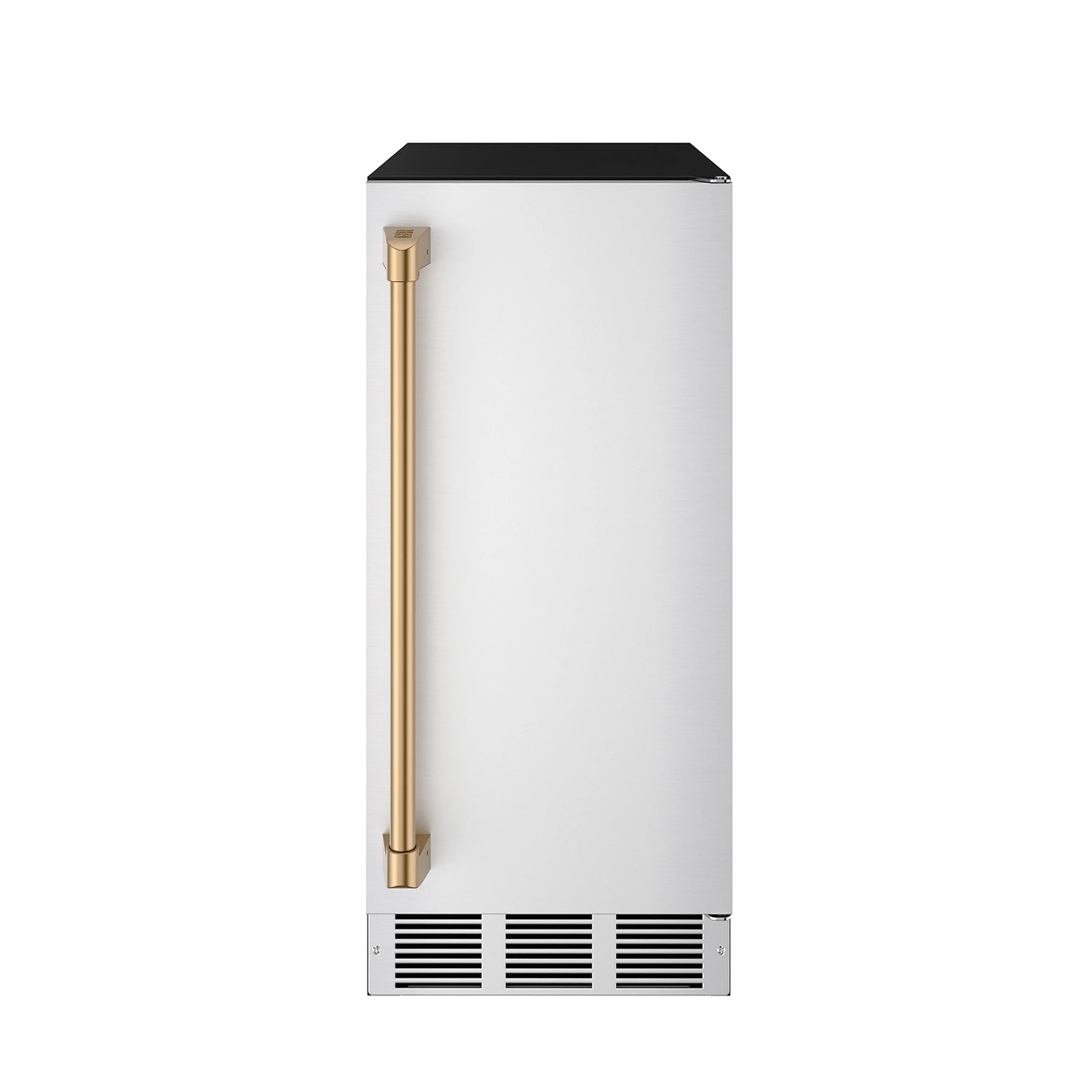 Stainless steel ice maker with bronze vertical handle and front vent grilles