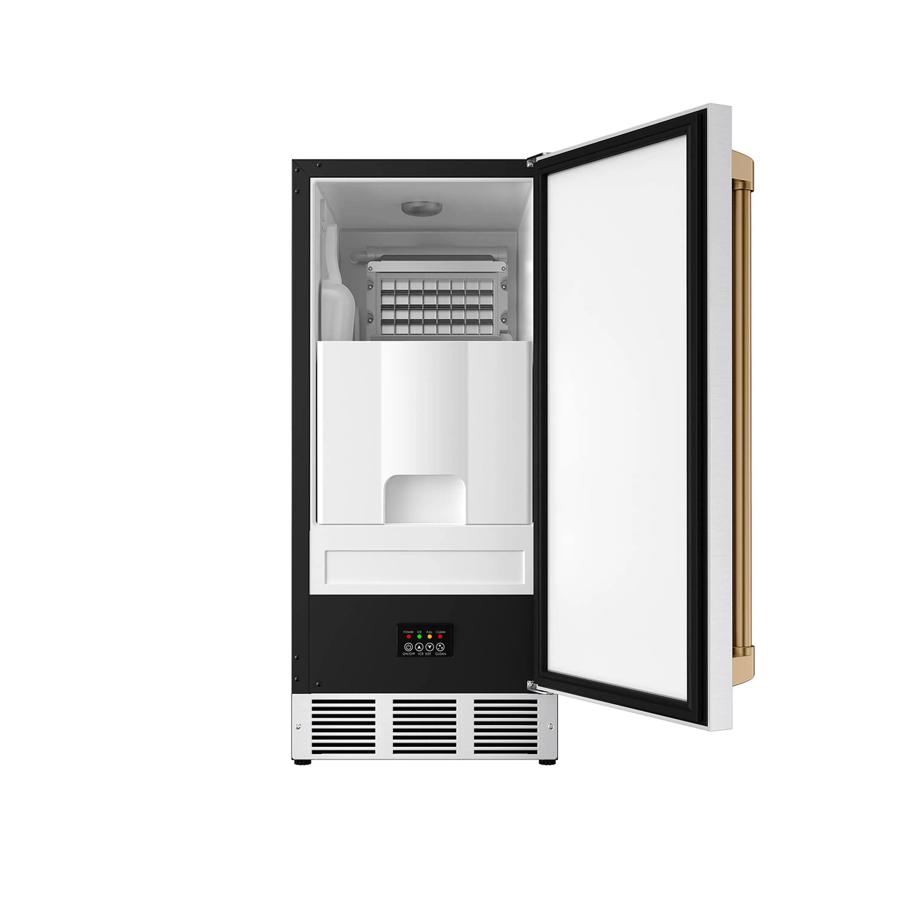 Ice maker with door open, visible ice bin and control panel, bronze handle