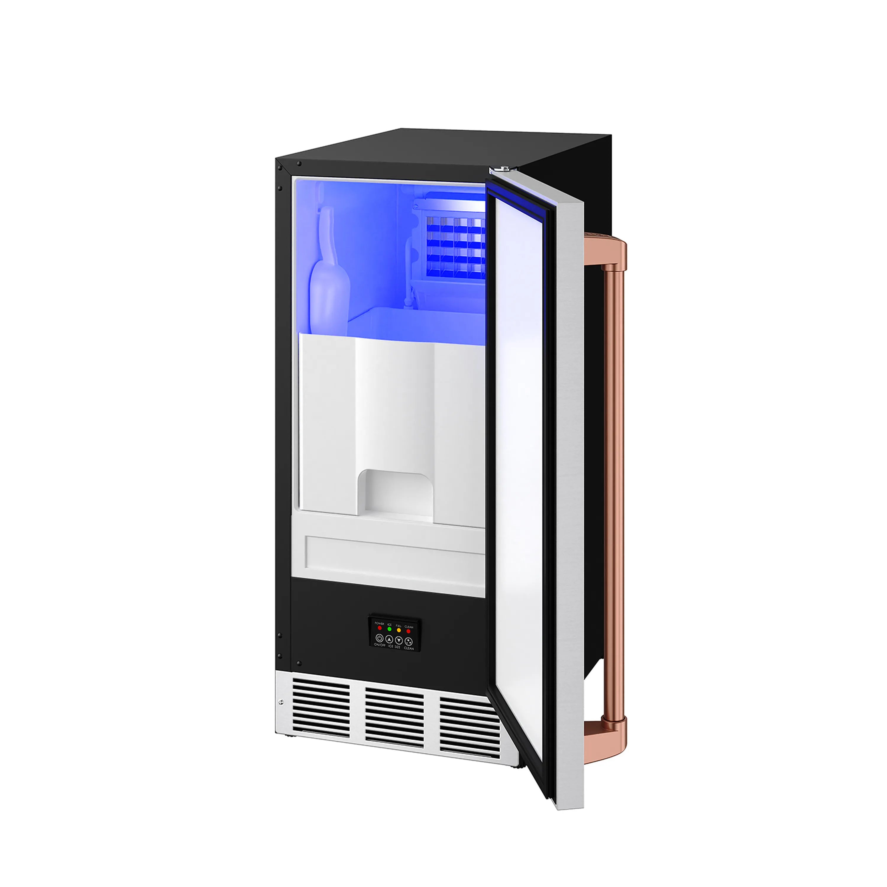 Stainless steel ice maker with open door, white ice bin, and rose gold handle