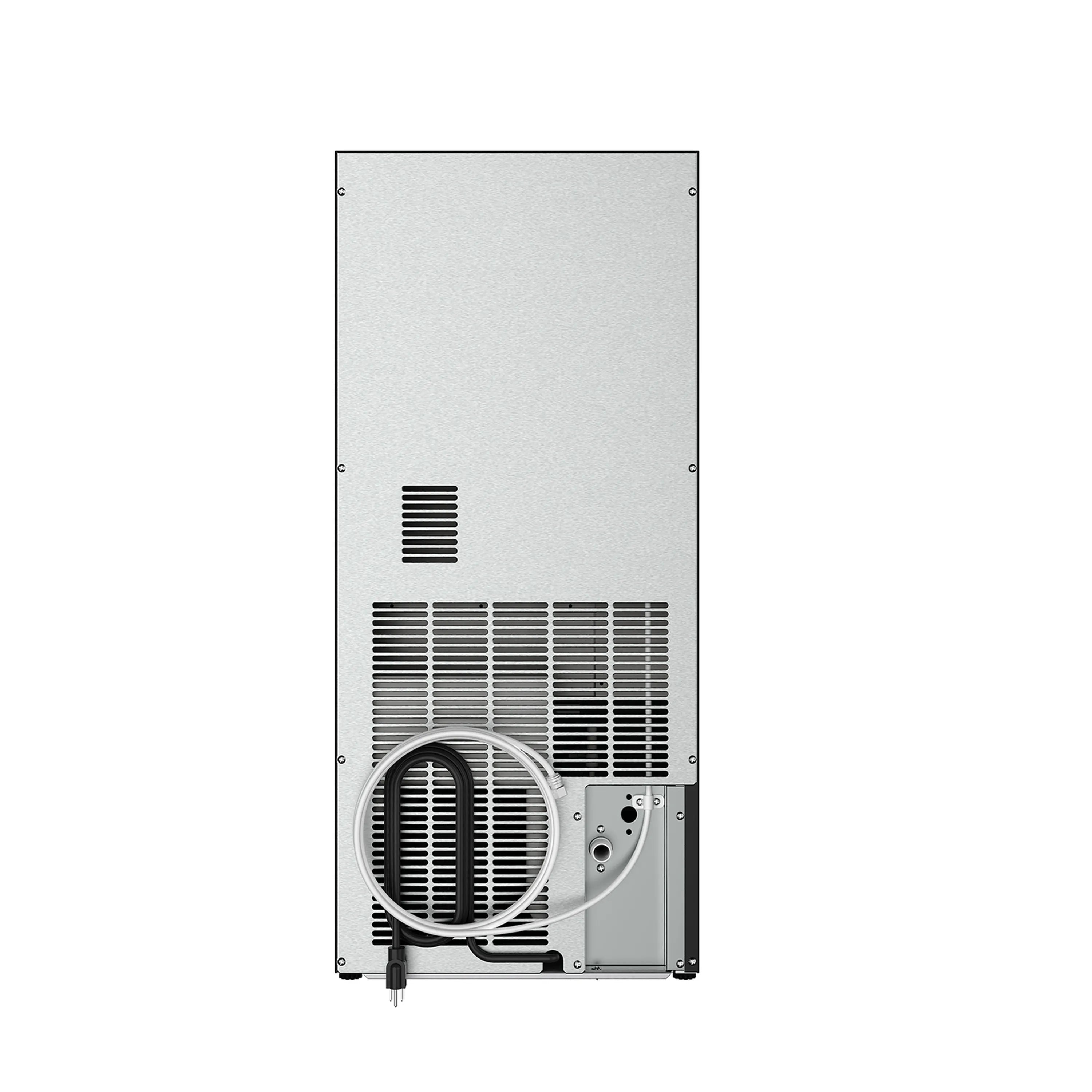 Back view of stainless 15-inch ice maker with ventilation grilles and hose connection