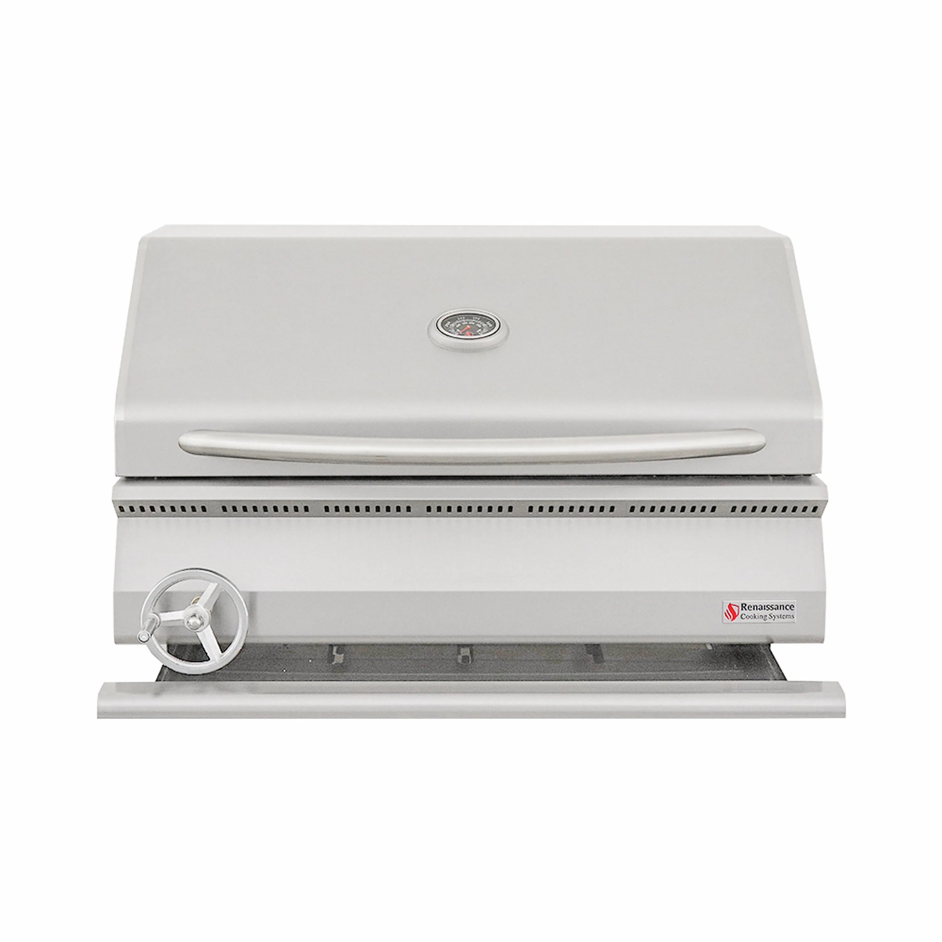 Stainless steel charcoal grill with closed hood, control panel and front wheel