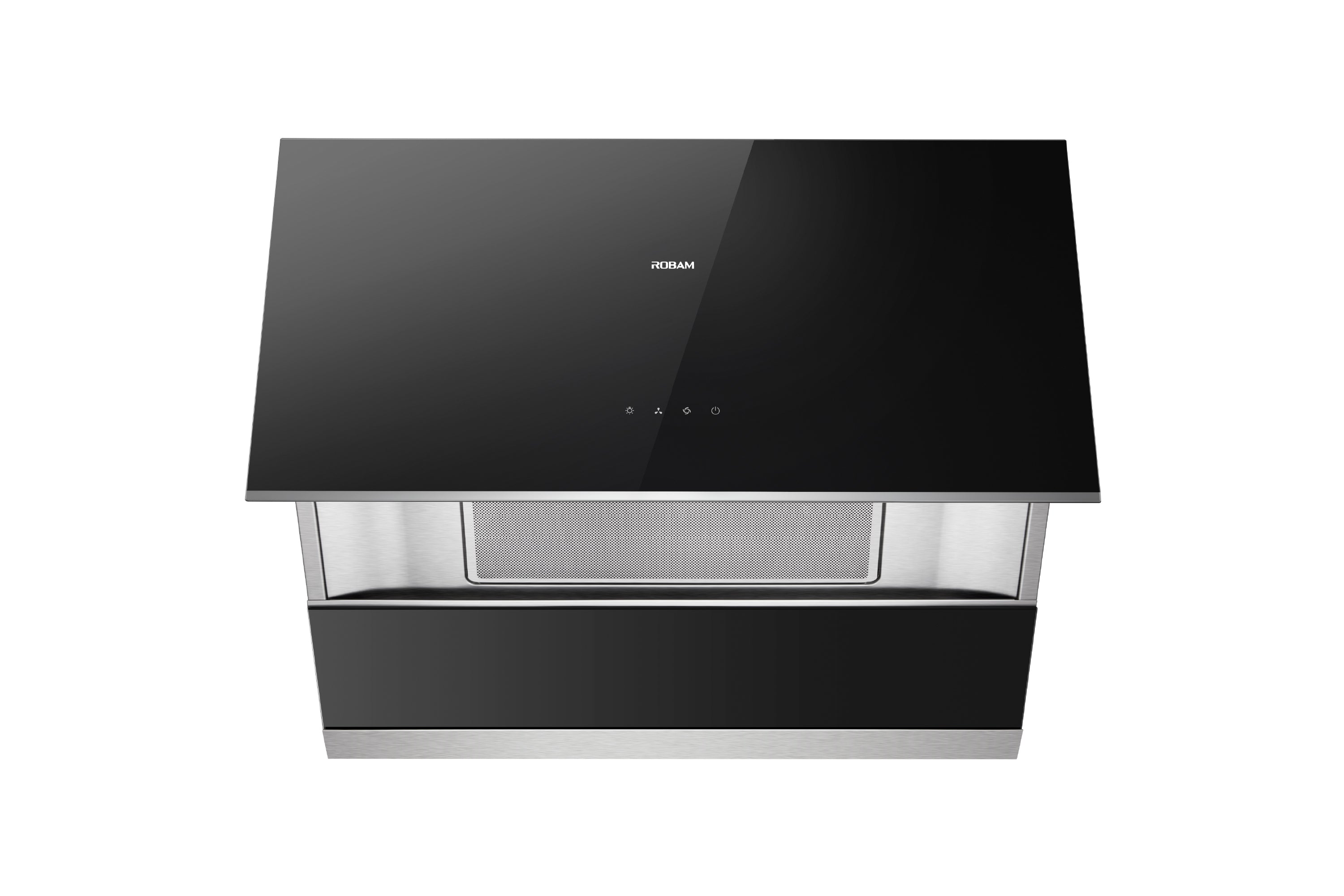 Black glass range hood with vent panel and control buttons on a stainless base