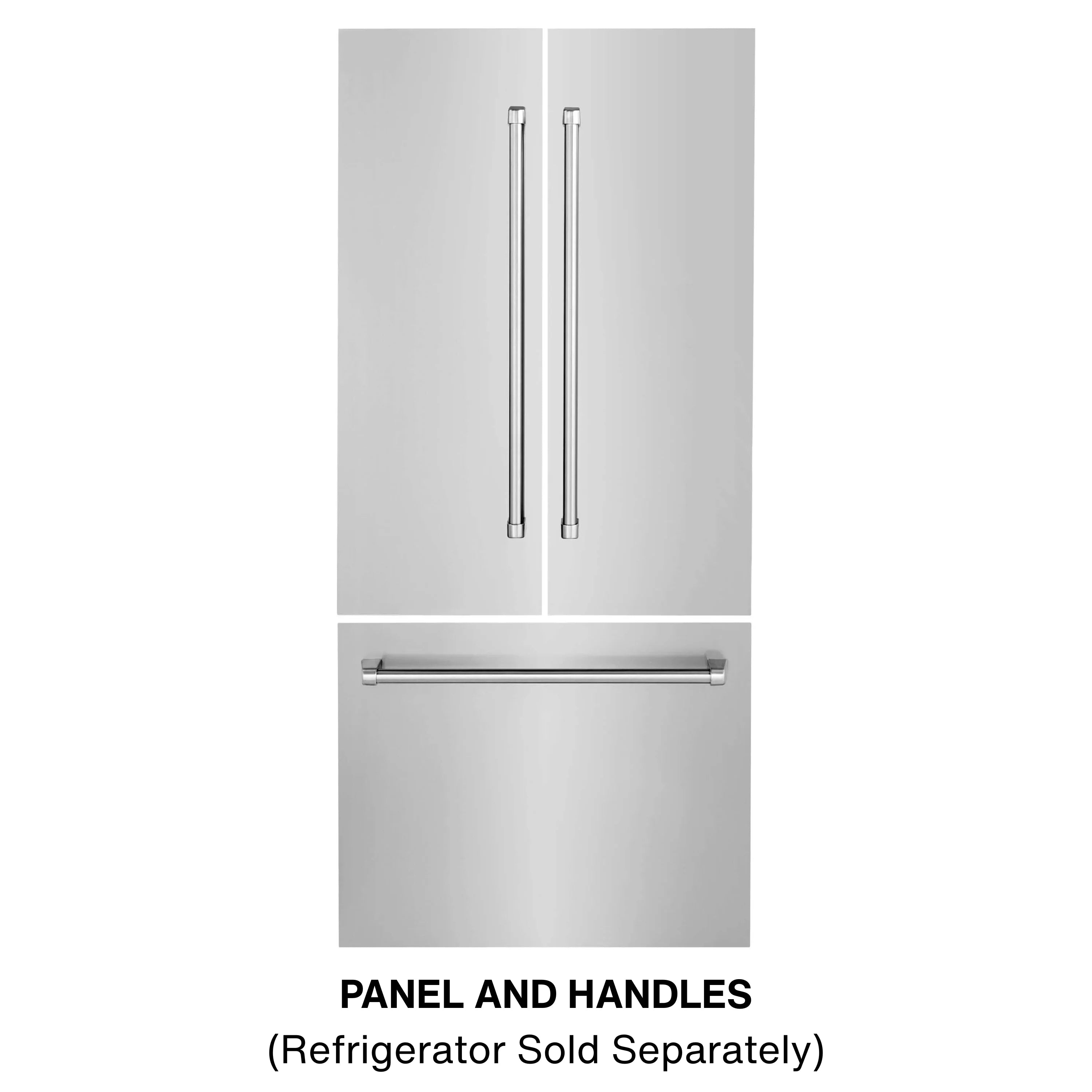 Stainless steel refrigerator panels with two vertical handles and one bottom horizontal bar