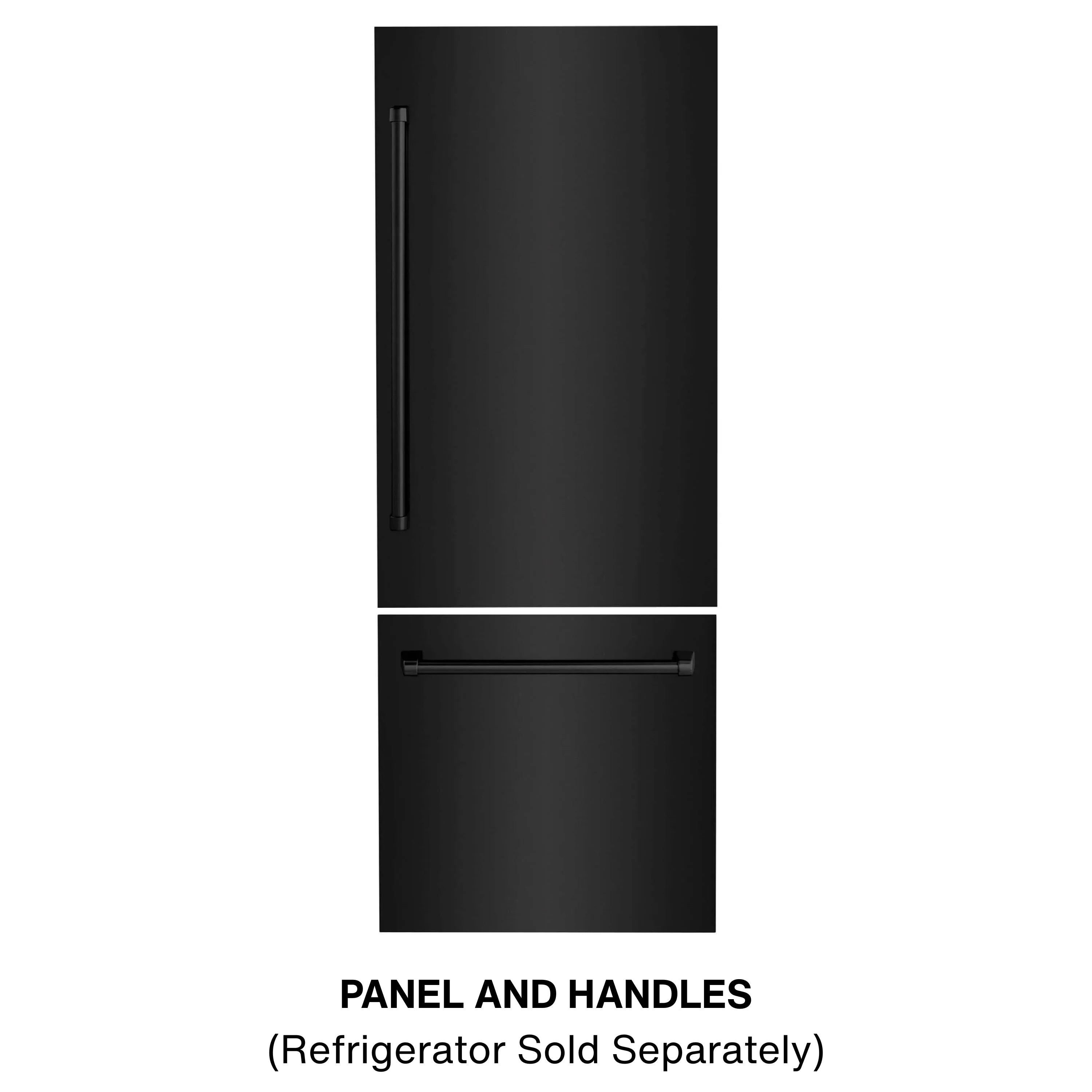 Black refrigerator panels with installed vertical and lower horizontal handles