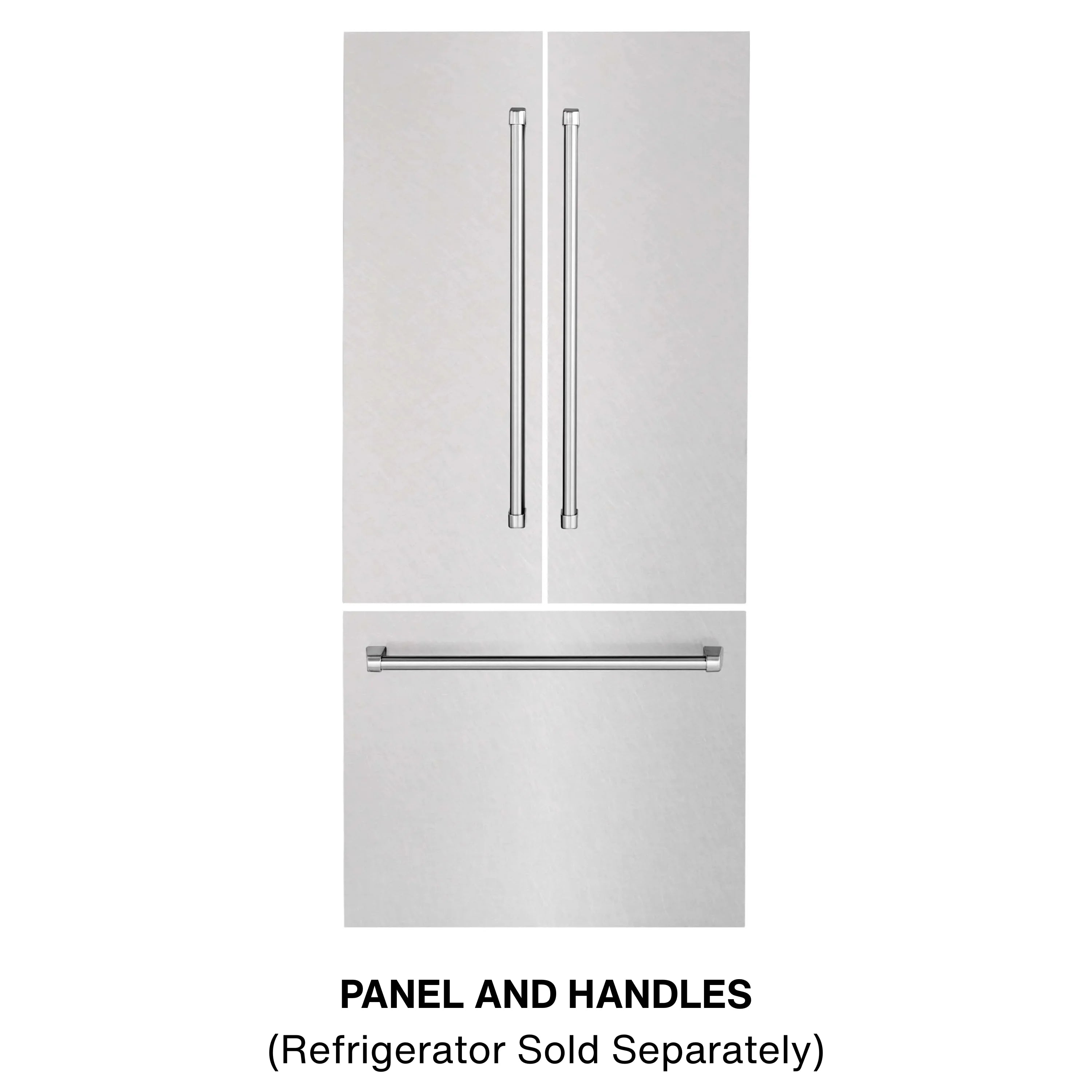 Stainless steel refrigerator door panel with two vertical and one horizontal handles