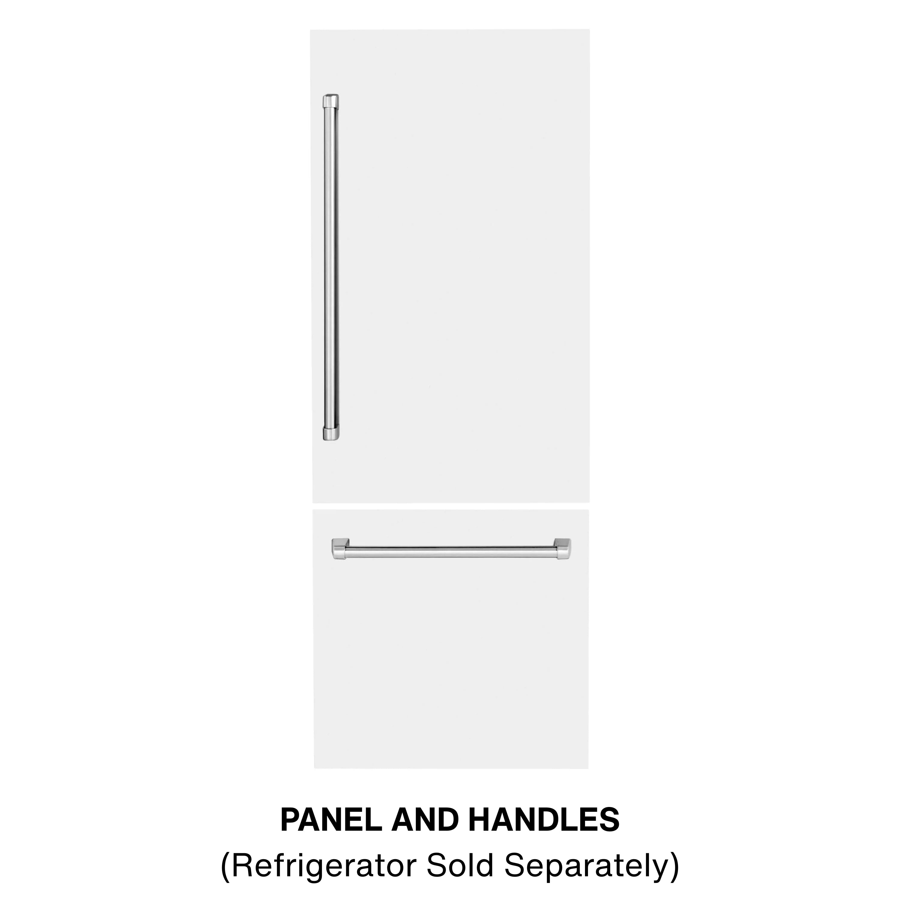 White matte refrigerator panel with vertical and horizontal brushed metal handles, diagram