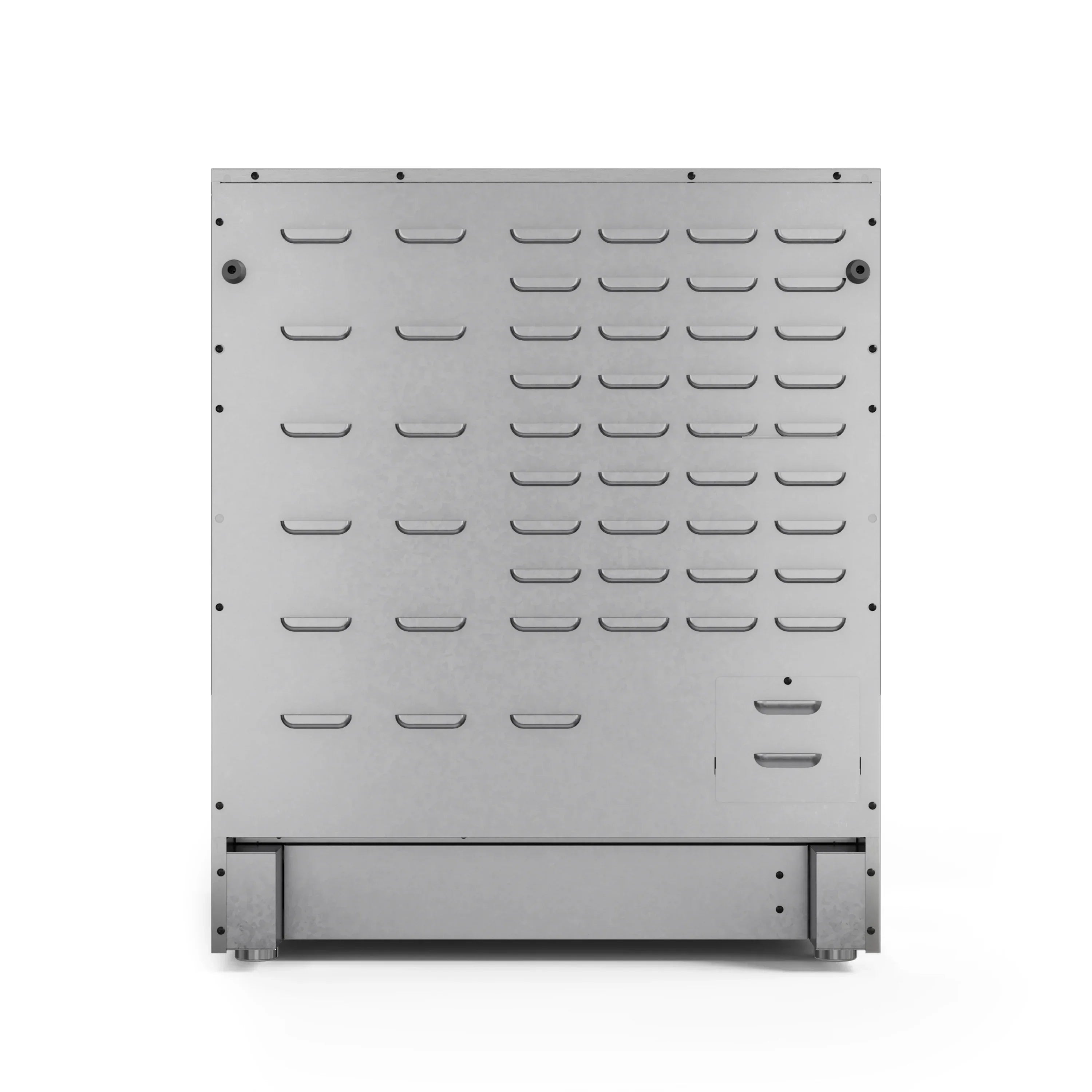 Stainless steel range oven door panel with vented horizontal heat openings