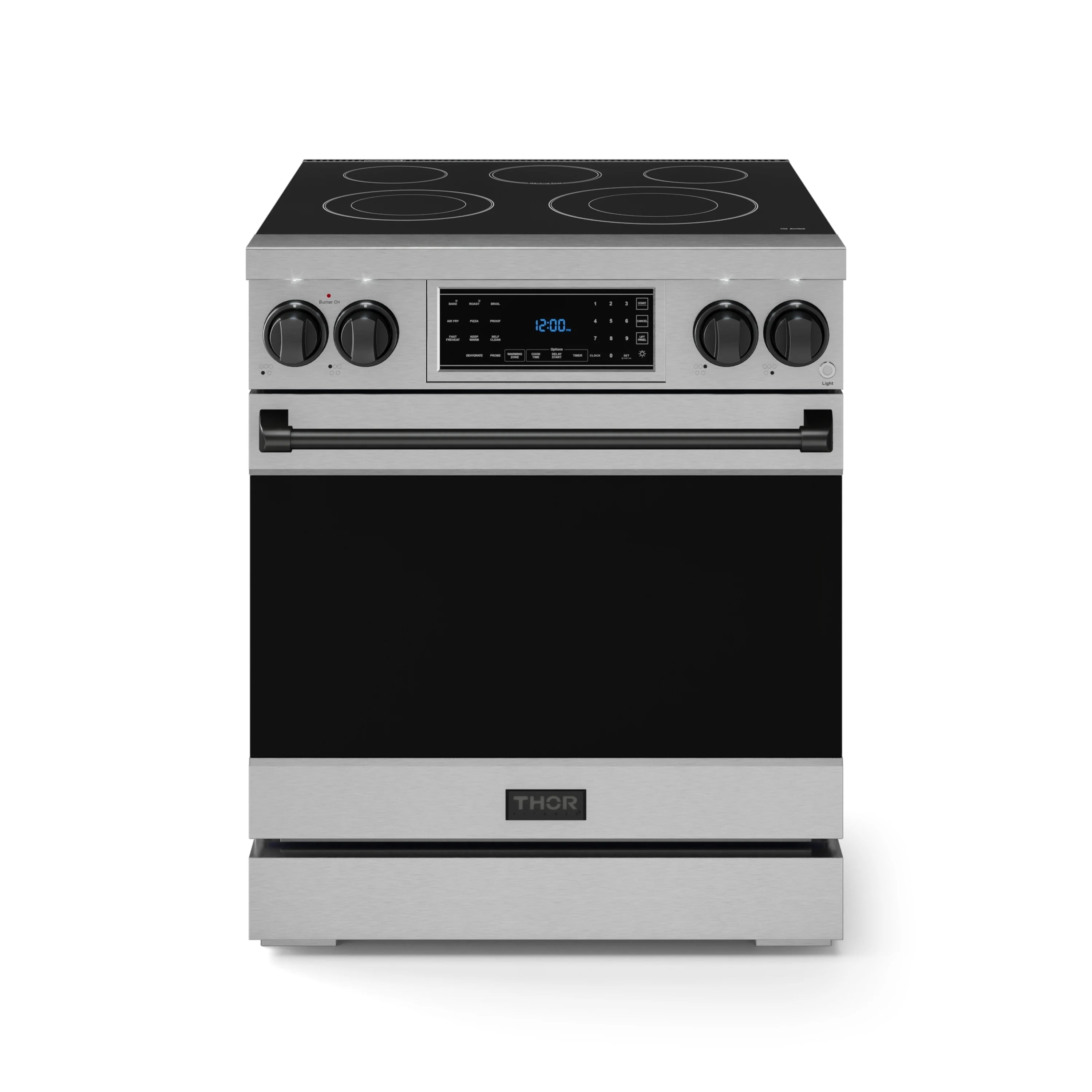 Stainless electric range front view with black cooktop and control panel over black door