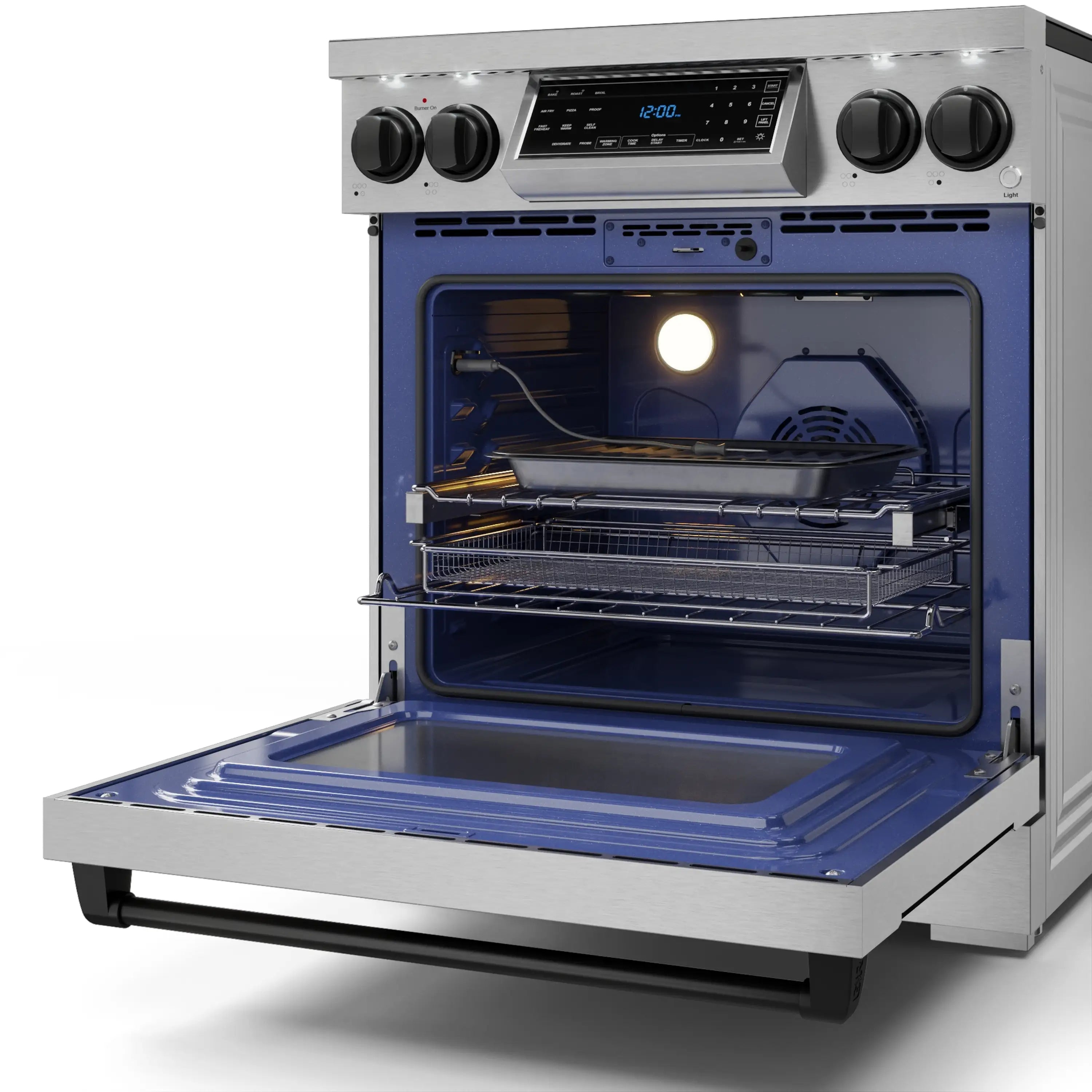 Electric range oven open with glowing interior light, racks, and heating elements