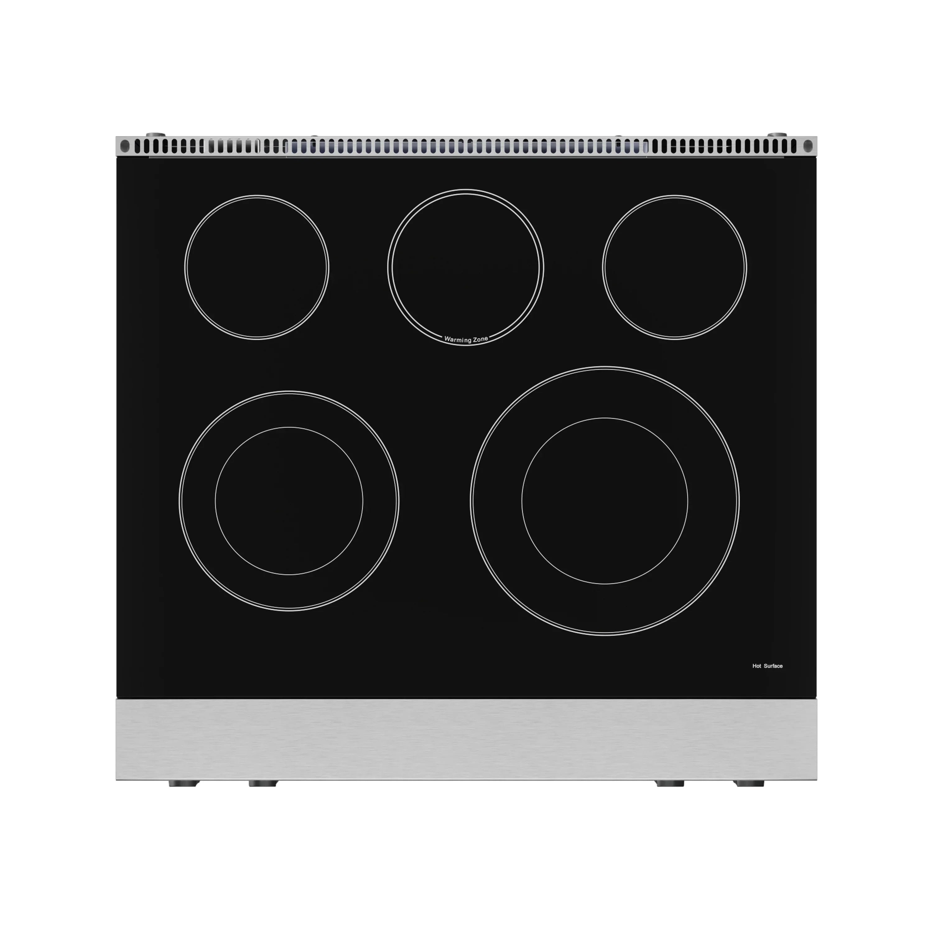 Black glass electric cooktop with five coil burner circles on stainless base