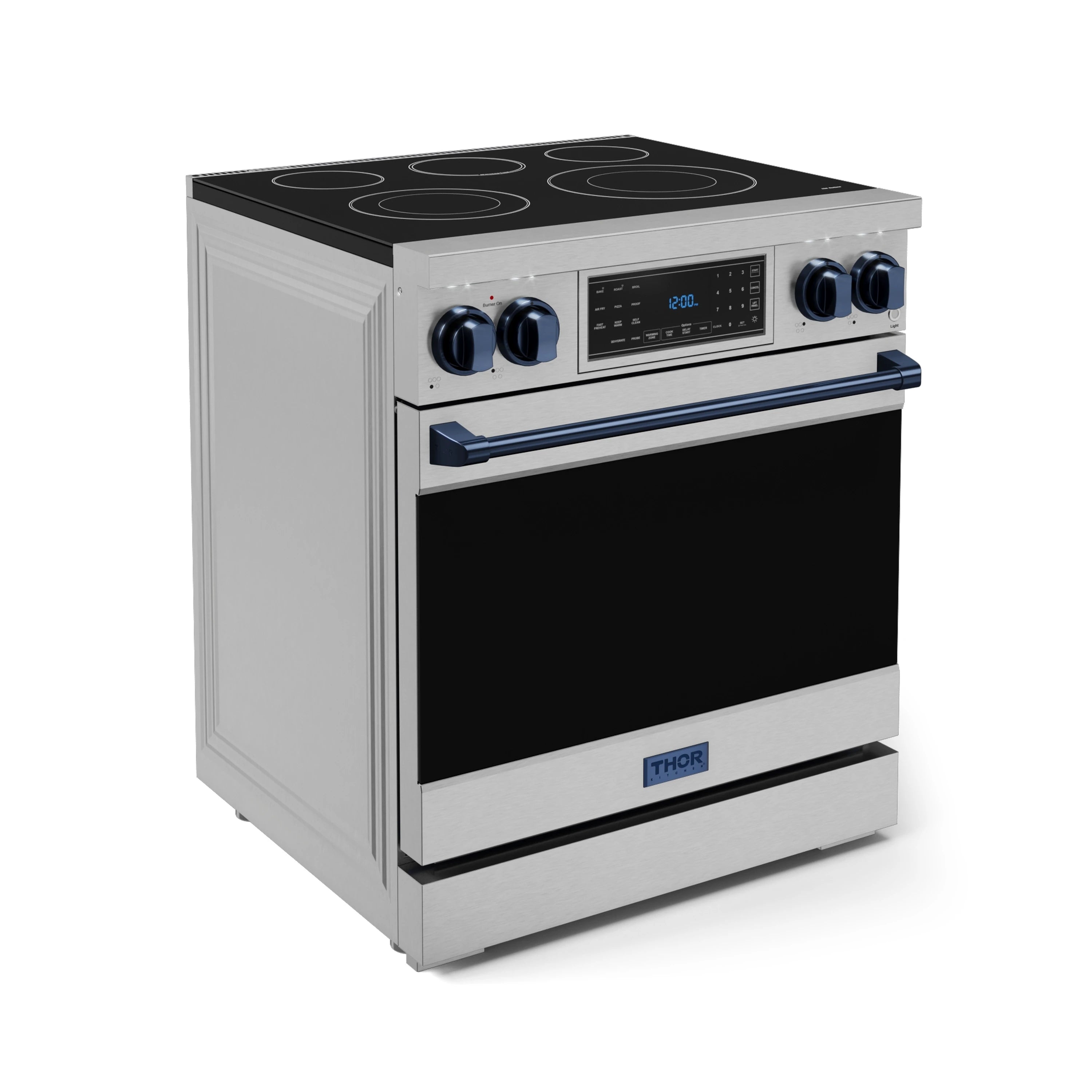 Stainless electric range with black glass cooktop, navy-blue trim, and digital control