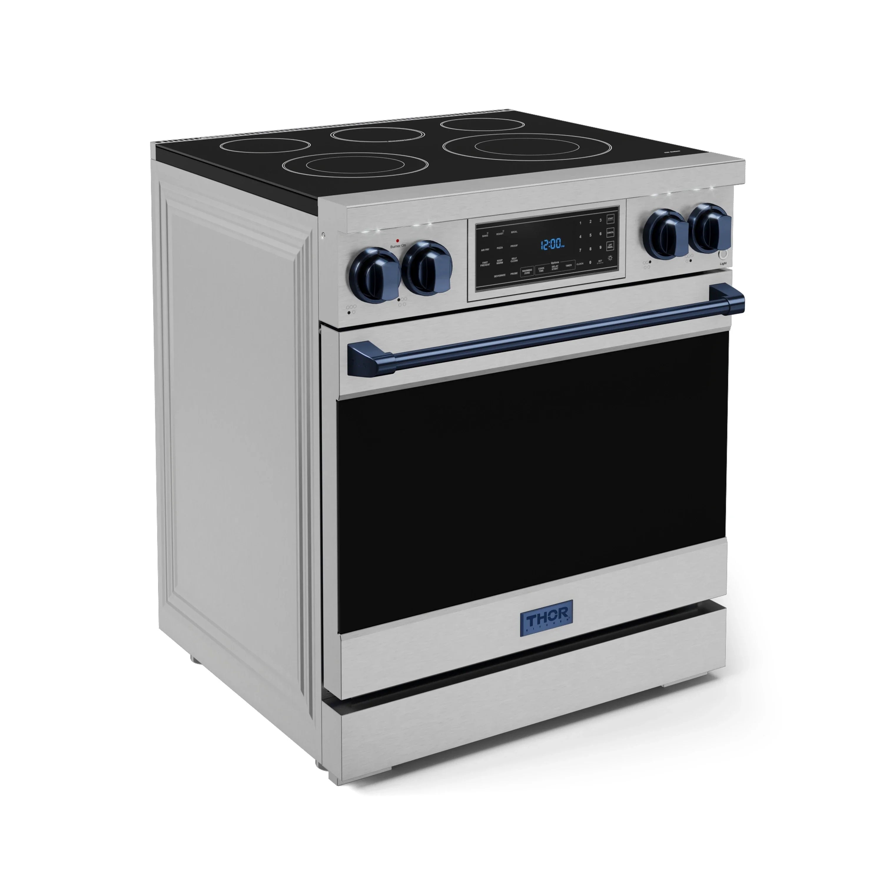 Stainless electric range with black oven door and blue accent bar, angled view