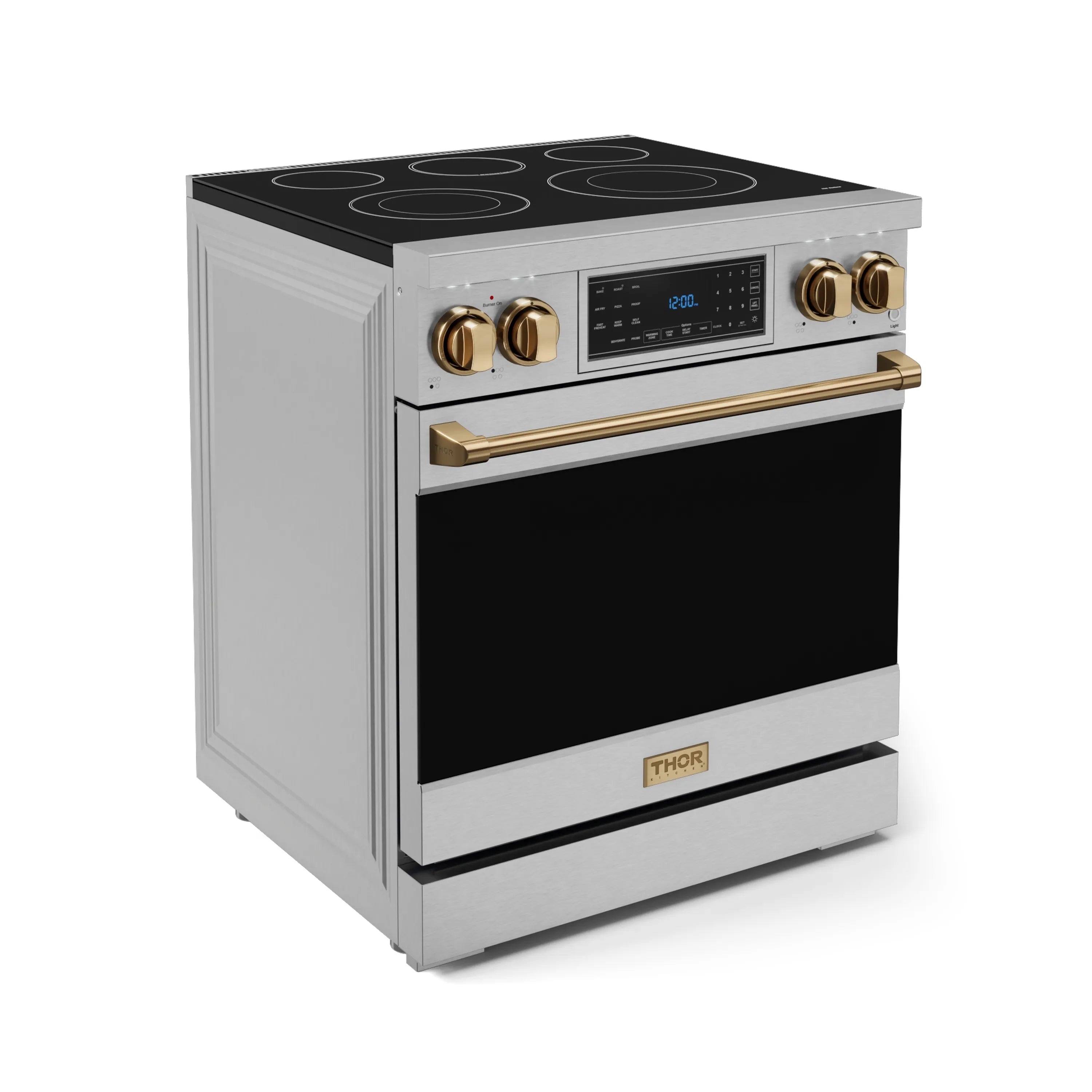 Stainless electric range with black glass cooktop, bronze knobs, and oven door