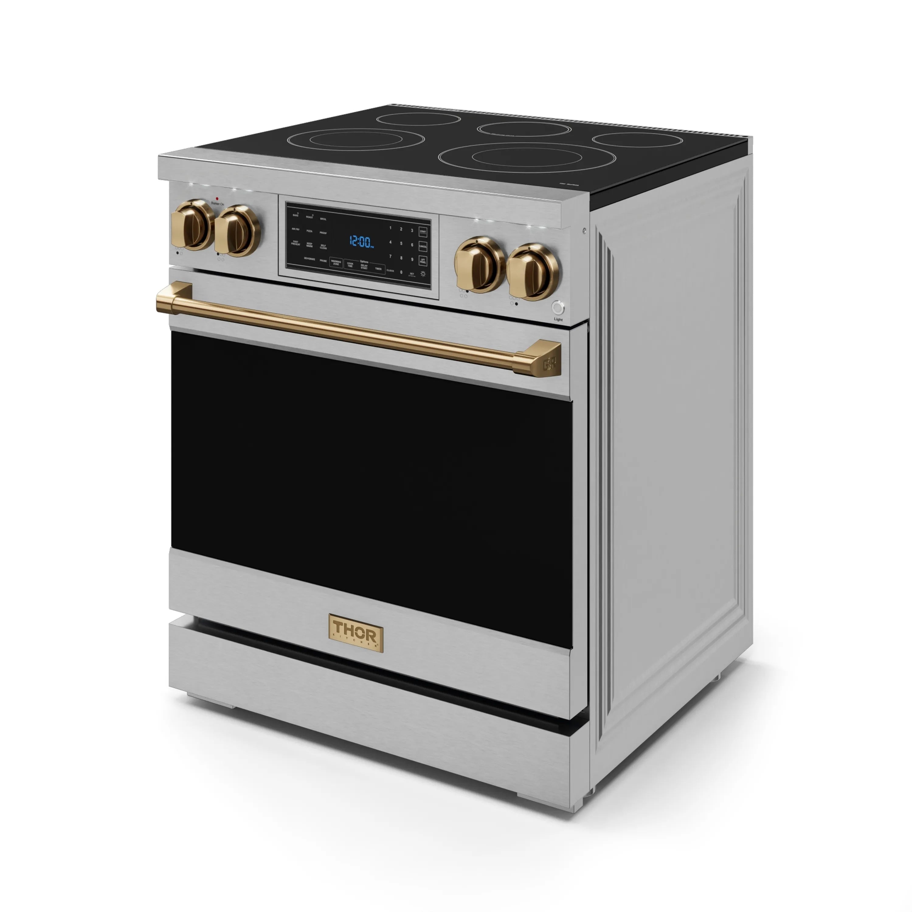 30-inch stainless electric range with black glass cooktop and bronze control knobs
